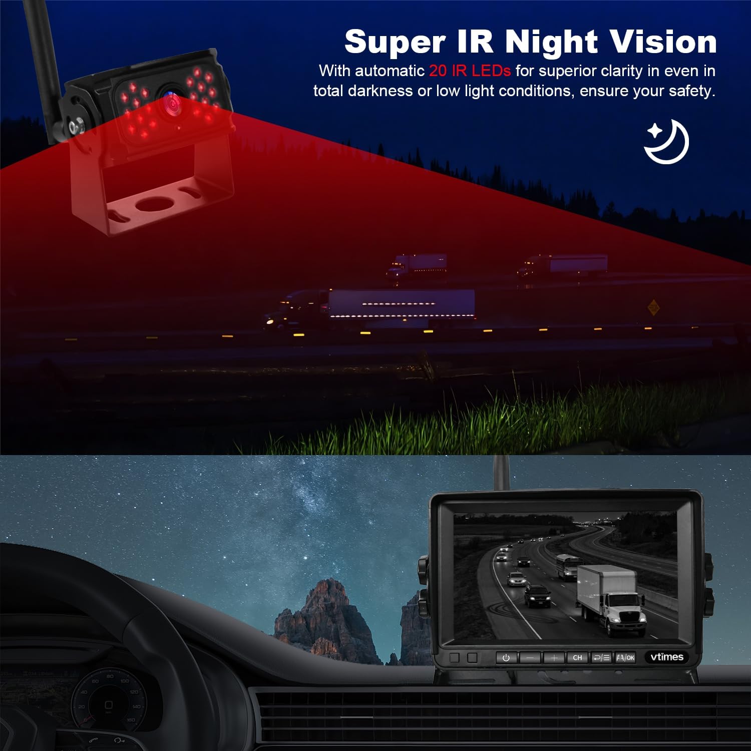 Wireless Backup Camera 2 Cameras, RV Backup Camera Wireless System with 7" Monitor for Truck, 4 Channels Split Screen, BSD Alert, 984ft Signal Range, IP69K Waterproof IR Night Vision, DIY Guide Lines