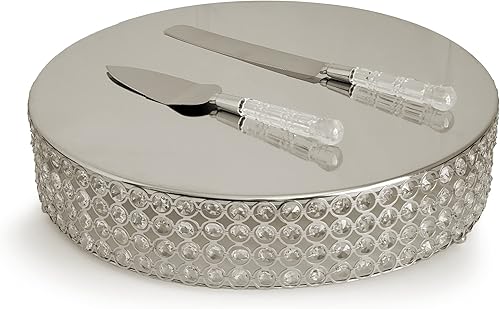 Soporte redondo de 18 "para pasteles con cuentas de cristal con cuchillo de pastel y juego de servidor - plata
