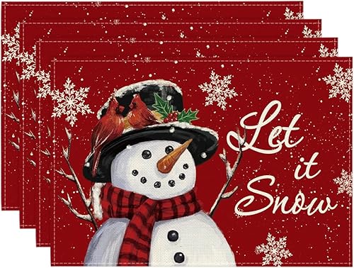 Miniatura 17 de Artoid Mode Juego de 4 manteles individuales de invierno con muñeco de nieve gris, 14 pulgadas, manteles redondos estacionales de Navidad para