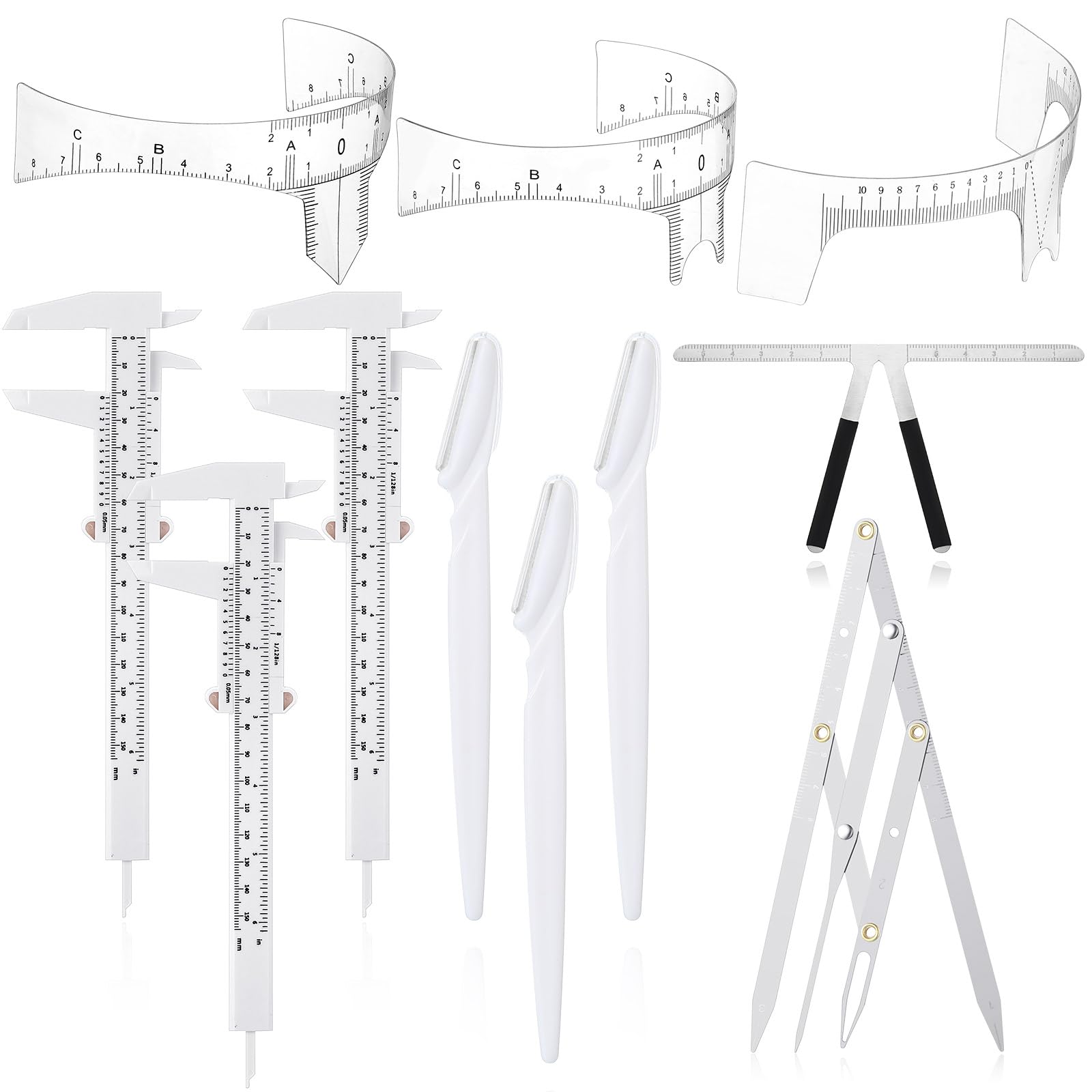 Konohan 11 Pcs Eyebrow Mapping Kit Eyebrow Shaping Tools Eye Brow Measuring Ruler Double Scale Vernier Caliper 3 Point Positioning Ruler Golden Ratio