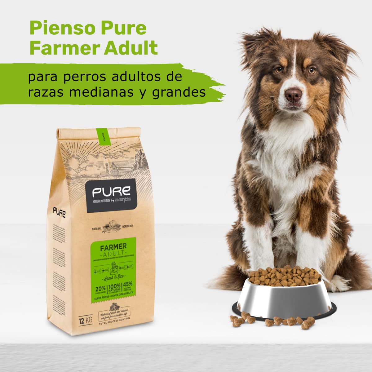 Pure Farmer Adult Cordero y Arroz 12 kg – Pienso Holístico con Carne Fresca para Perros Adultos – Razas Medianas y Grandes