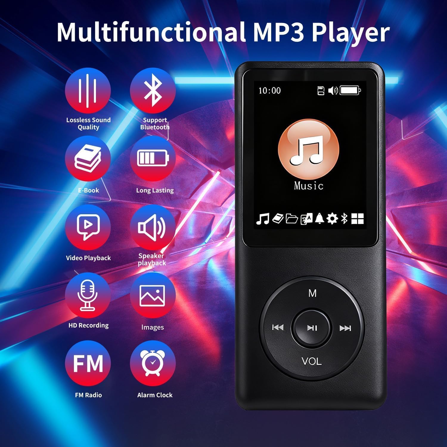 128GB MP3 Player,with Bluetooth 5.2, Music Player with Built-in HD Speaker, Voice Recorder, HiFi Sound, E-Book, Earphones Included black, NOT TESTED