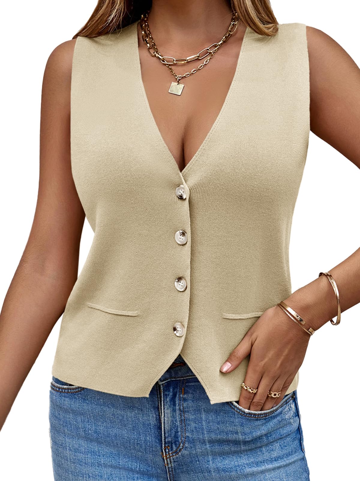 saodimallsu Women's Sleeveless Pullover Vest Knitted V Neck Button Fashion Casual Loose Cardigan Women Summer Knitted Vest Pullover-picture-49