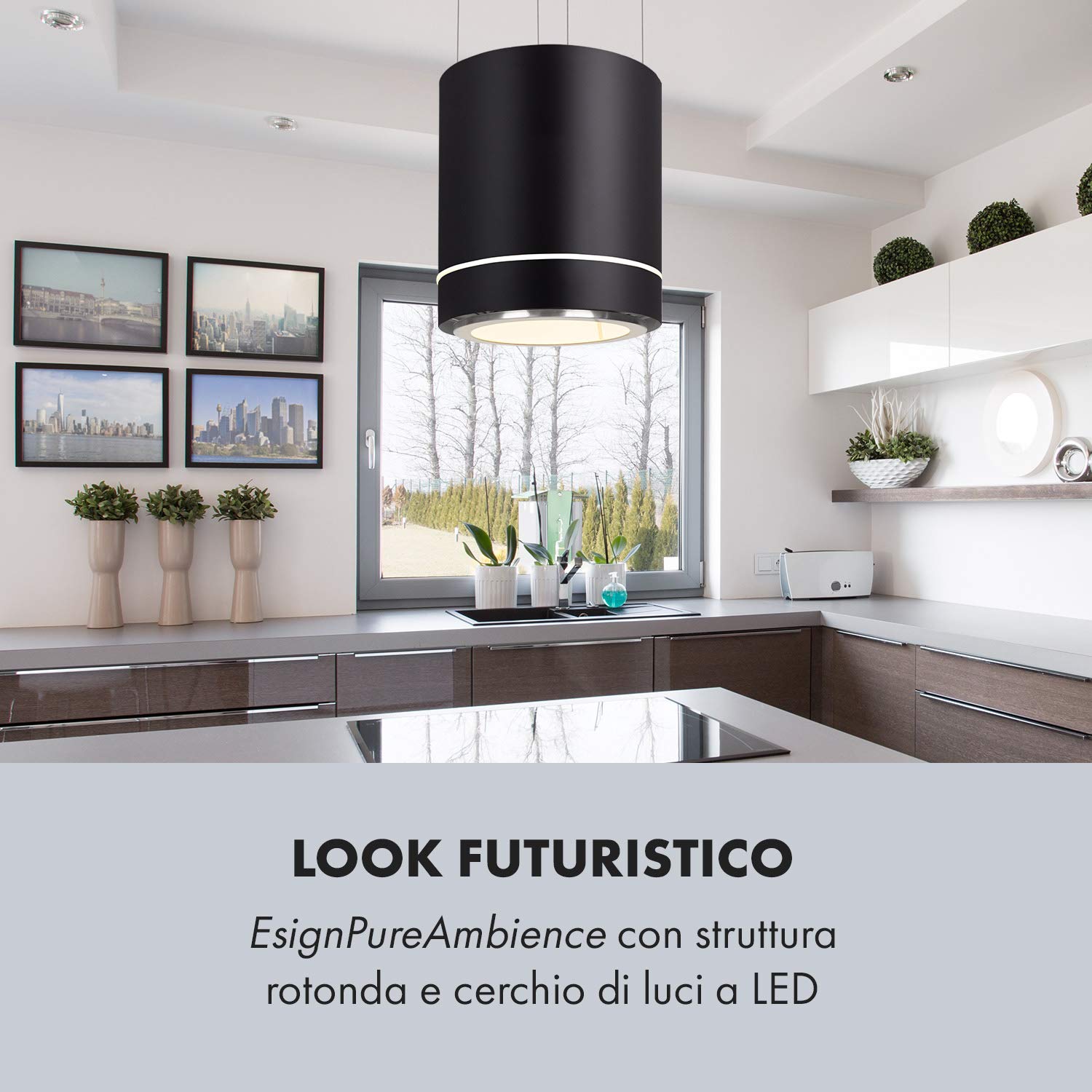 KLARSTEIN Tron Ambience - Cappa da Cucina, Filtri a Carboni Attivi, Cappa Aspirante, ad Isola, 38 x 45 cm (ØxB), Sospensione 60 cm, 3 Modalità, Portata Aria: 540 m³/h, Nero