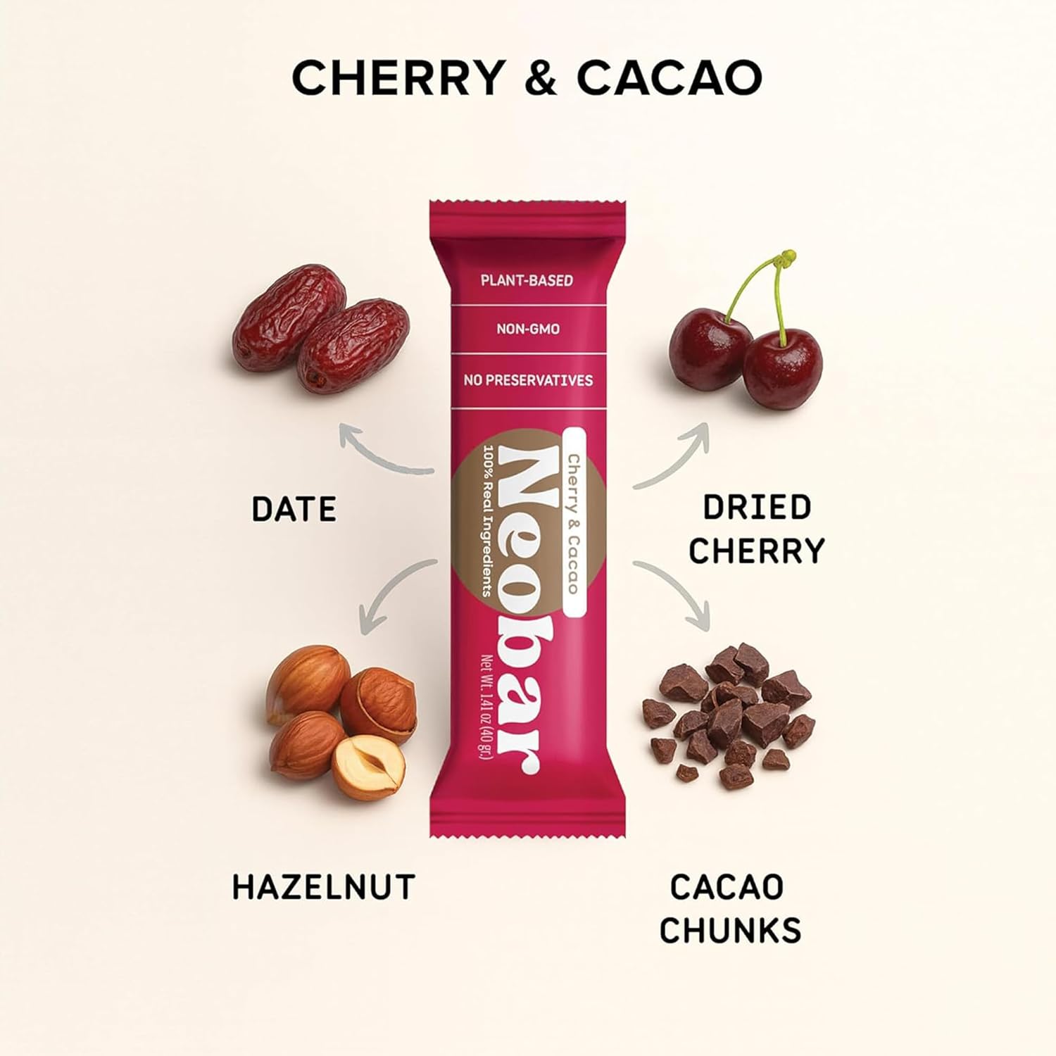 NEOBAR Cherry Cacao Fruit and Nut Bars - Plant-Based Vegan Snack Bars, Gluten Free Dairy Free Snacks, No Added Sugar, No Preservatives, Non-GMO | 12 Count thumbnail