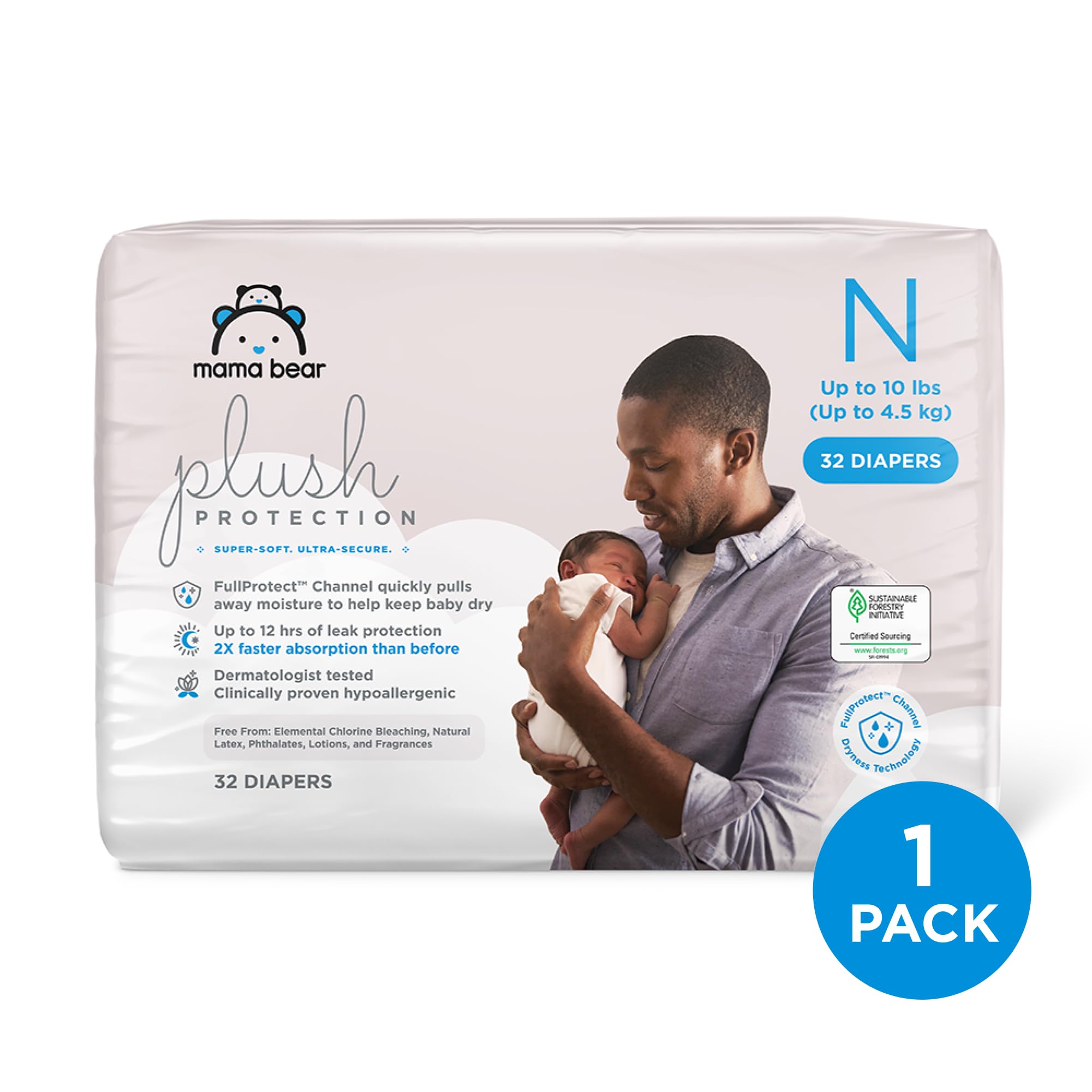 Amazon Brand - Mama Bear Plush Protection Diapers, Keeps Baby Dry, Skin Safe, Leakproof, Size Newborn, 32 Count, Hypoallergenic Premium Disposable Baby Diapers, White and Cloud Dreams