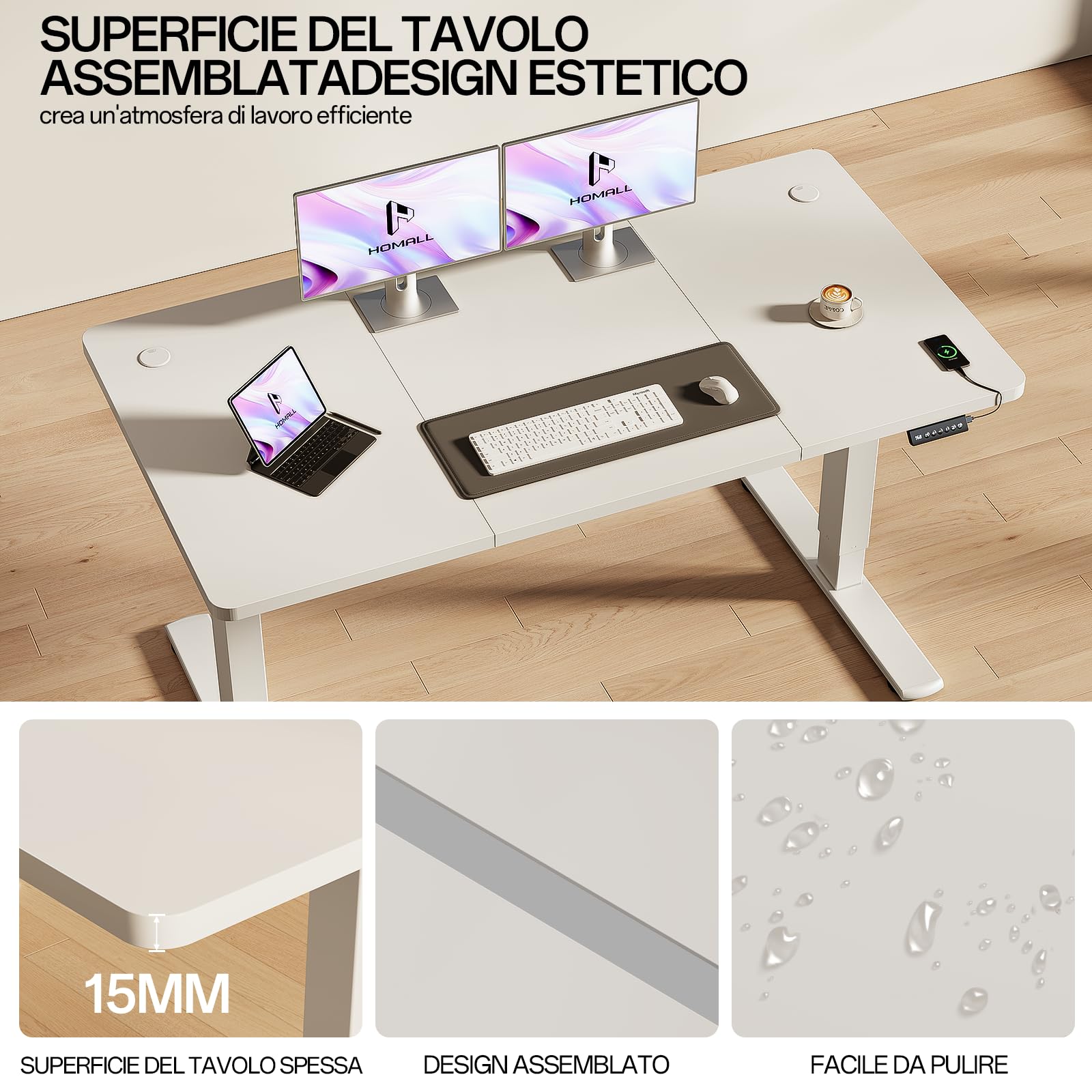 Homall Scrivania Regolabile In Altezza Scrivania Elettrica Con Gestione dei cavi e porta di ricarica USB Altezza Regolabile 73-118 cm, 2 Altezze Di Memoria Scrivania Per Ufficio (Bianco, 120x60cm)