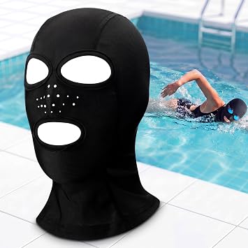 Hercicy Swimming Cap Facekini 3-Hole Full Face Mask Cover Swimming Balaclava Cap for Women Men Facekini with Neck Covers UV Sun Protection Black Breathable for Pool Beach Ocean Snorkeling Summer