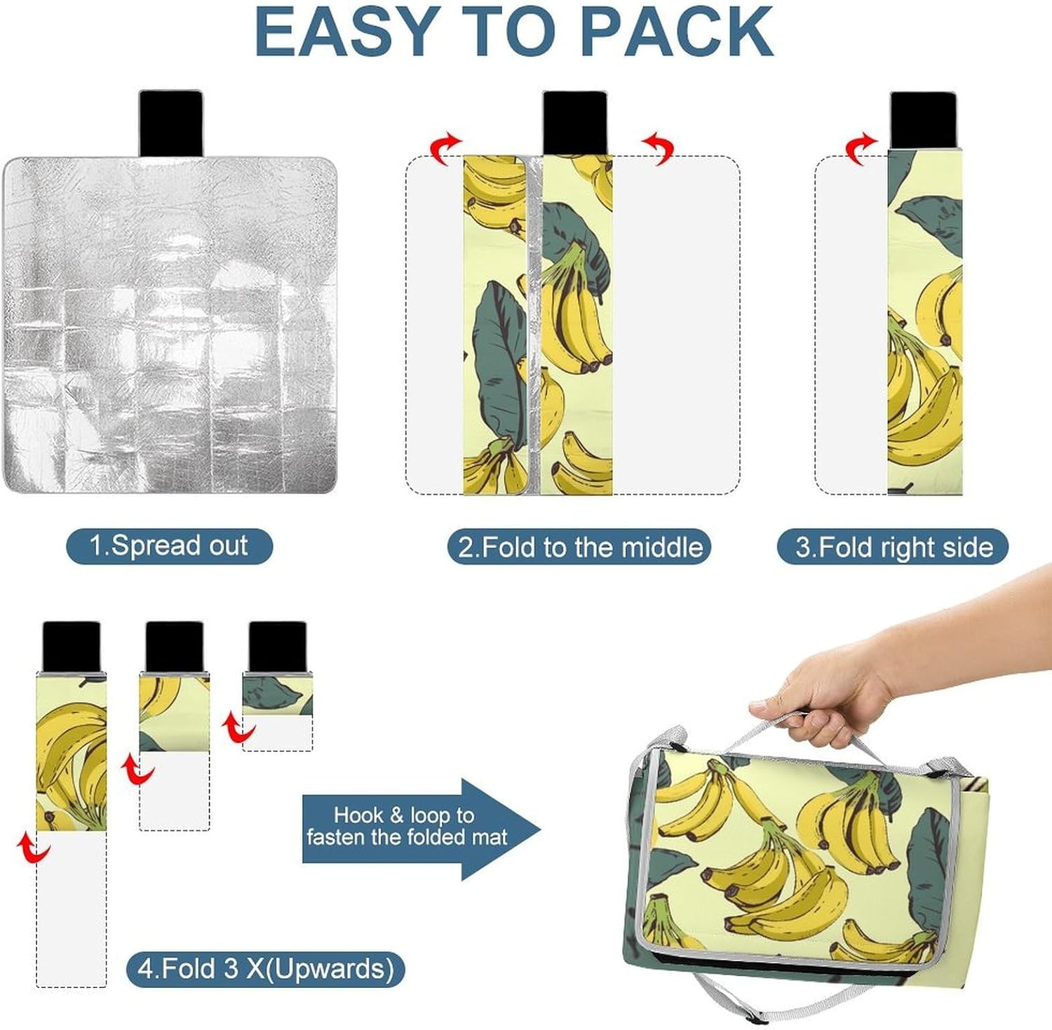 Banana Print Waterproof Picnic Blanket 58.3''x58.3'',Portable and Foldable Picnic Mat with Handle,Outdoor Blankets for Lawn Park Beach Travel