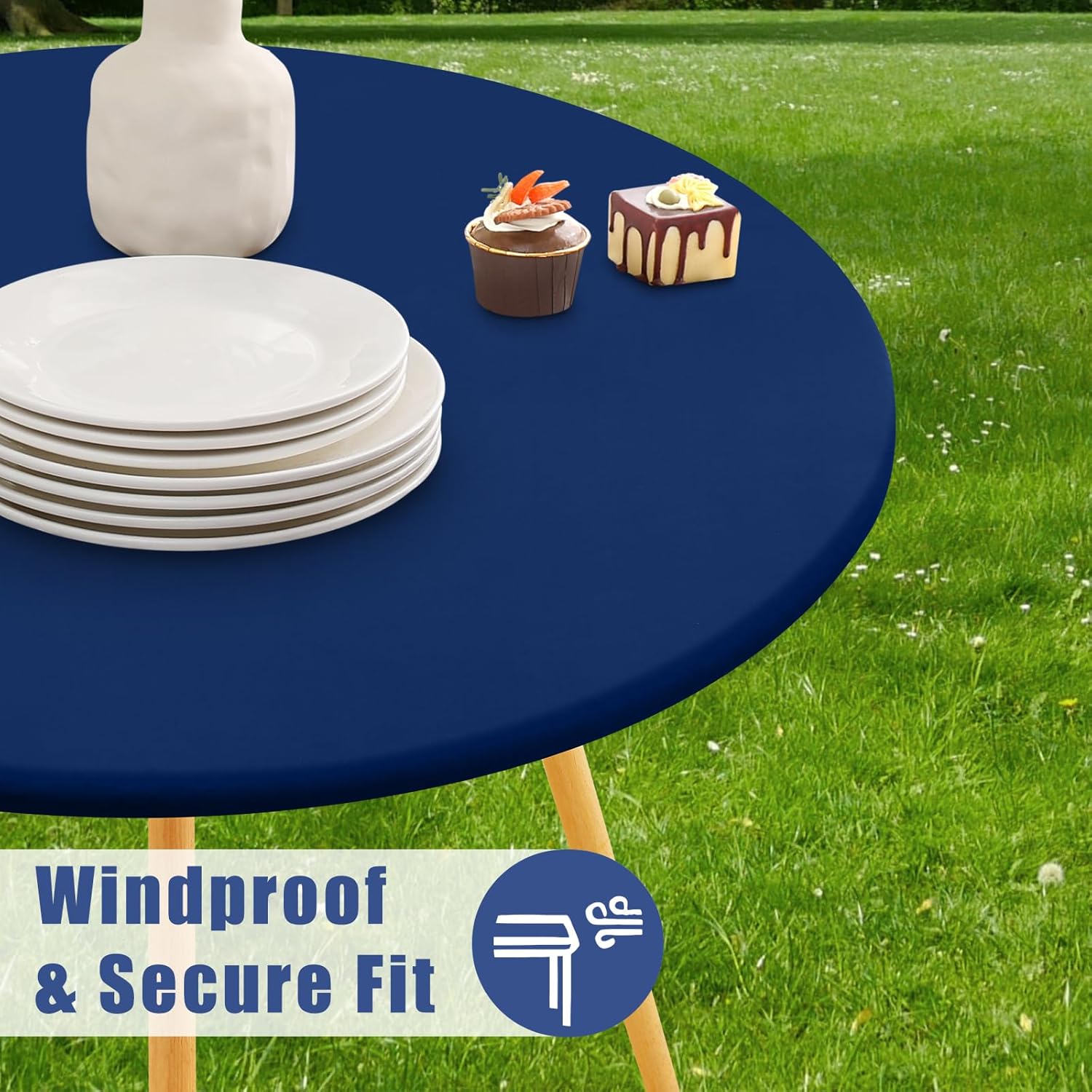 Moosfor Round Spandex Tablecloth 2 Pack, Elastic Fitted Waterproof Tablecloths for 57"-68" Tables, Stretch Washable Picnic Table Cover for Camping, Dining, Indoor and Outdoor, Navy