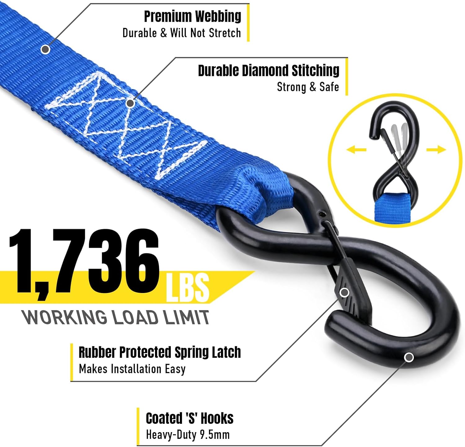 Stay There Heavy Duty Ratchet Tie Down Straps - 5208 Lbs Breaking Strength 1.6" x 8', Includes 4 Heavy Duty Ratchet Padded Handles – Coated Deep S-Hook & Carry Bag (Blue) - Image 4