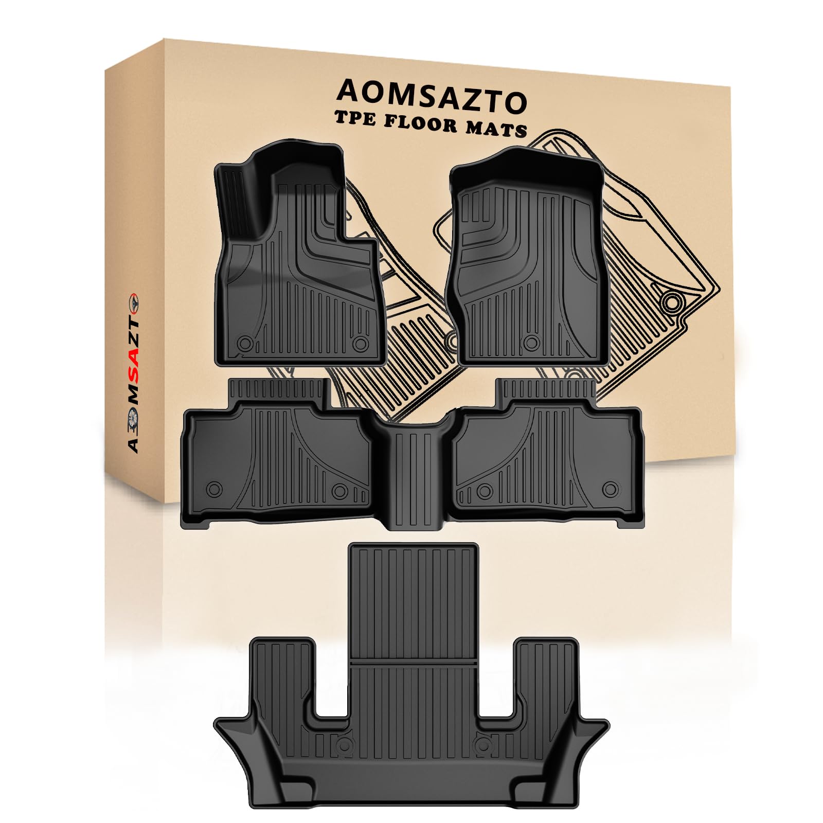 AOMSAZTO Floor Mats for Ford Explorer 2020-2024 6-Passenger, 1st & 2nd & 3rd Row Full Set Rubber Floor Liners, Heavy Duty TPE All Weather Protection Car Floor Mats, Anti Skid Car Mats, Black