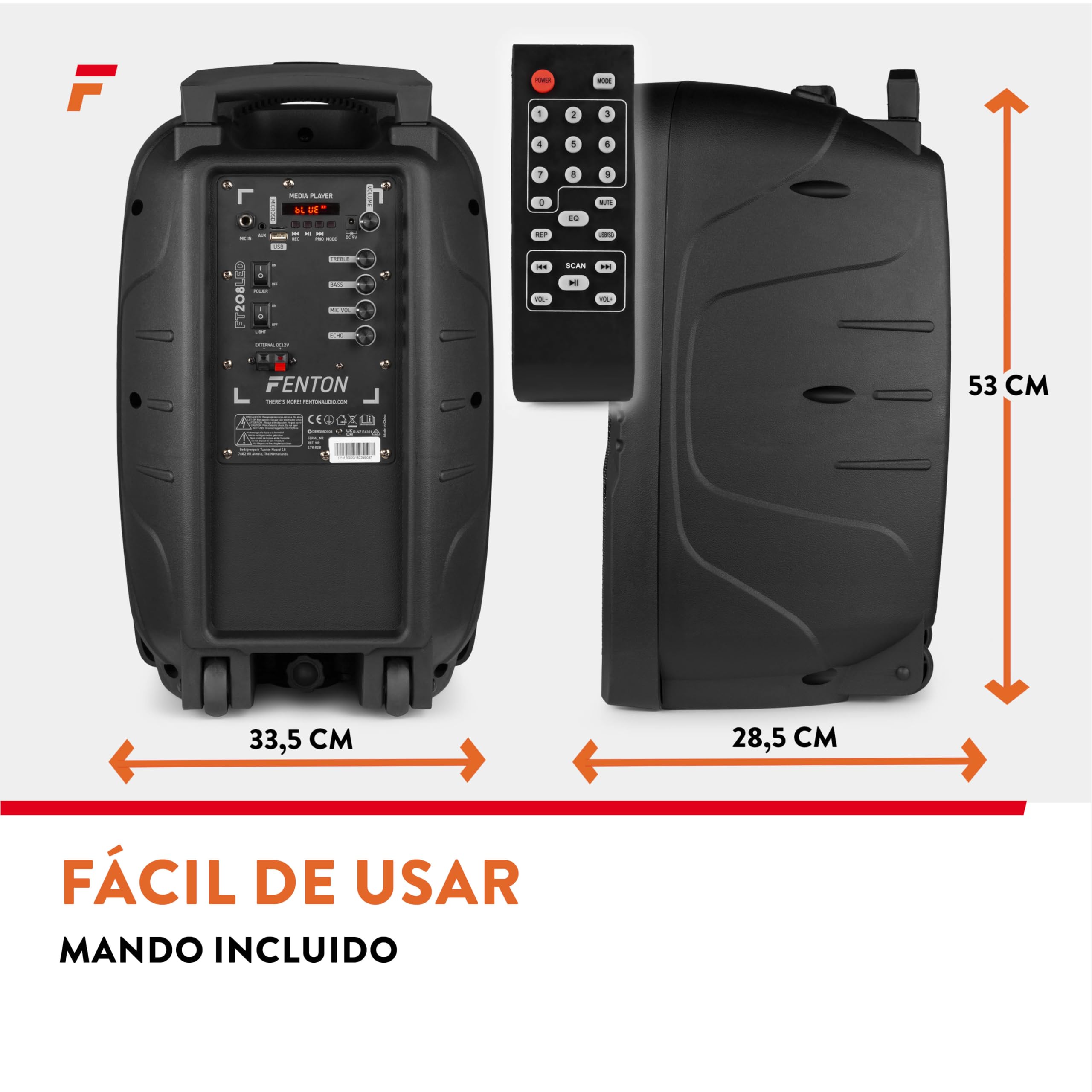 Fenton FT208LED – Altavoz Bluetooth Grande Potente 500W con microfono, Doble woofer 8", Altavoz portátil Bluetooth Potente con USB, Karaoke y batería Recargable Color Negro