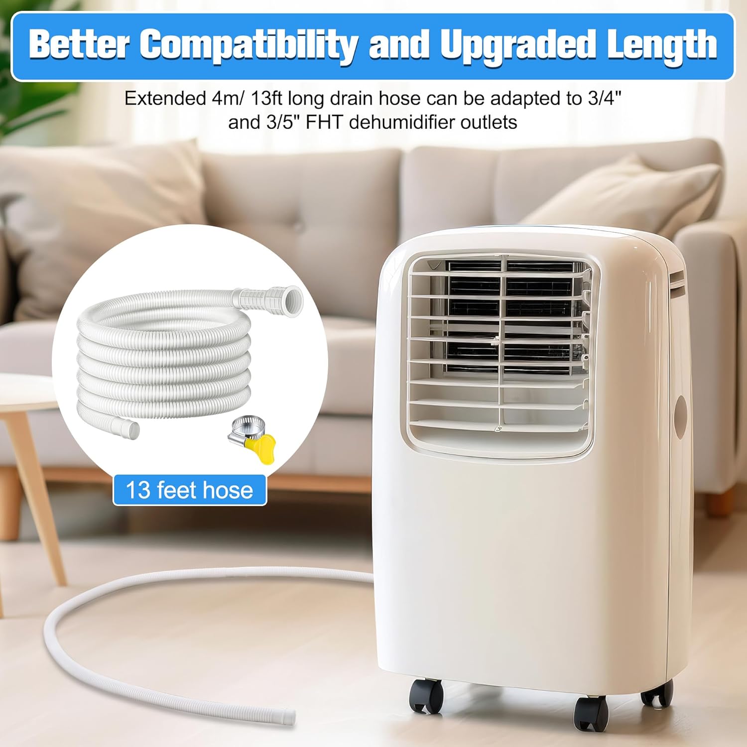 Saillong Patent Pending Dehumidifier Drain Hose, 13FT, 3/4 Inch FHT, with Cuttable Rubber Adapter and Connect Clamp, Flexible Universal Drain Hose for Most Dehumidifier Air Conditioner Brands(White)