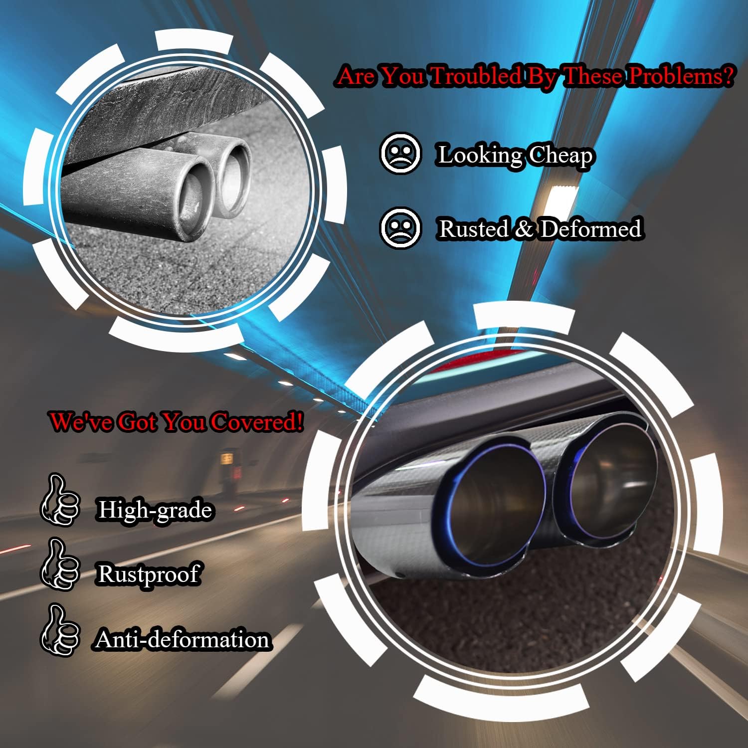 Carbon Fiber Exhaust Tip Dual Outlet Y-style Exhaust Muffler Tips 2.5 Inch(63mm) Inlet 3.5 Inch(89mm) Outlet Blue Burnt Stainless Steel Universal Tail End Tip Clamp On (Glossy Black)