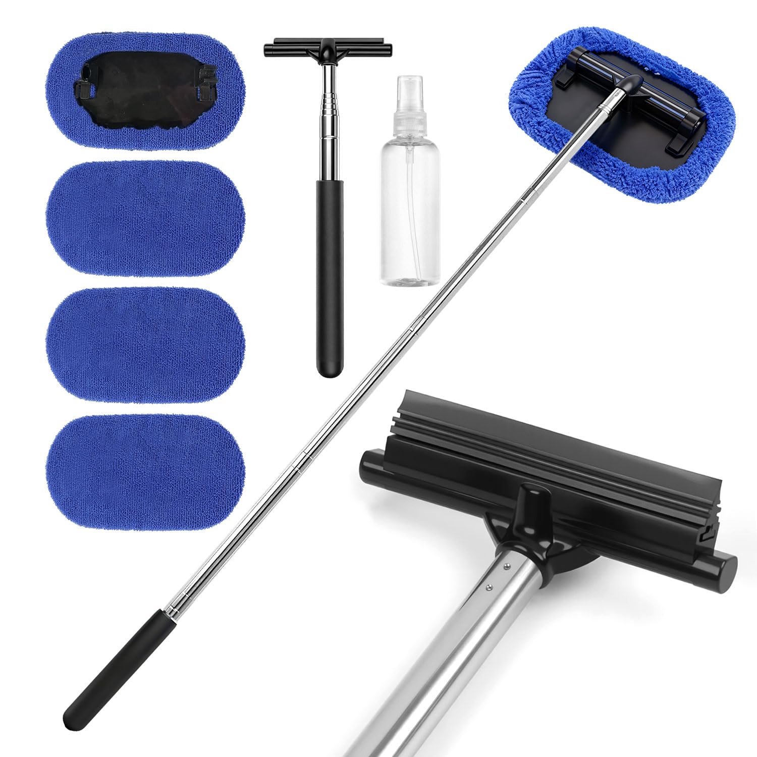 Kit Limpiador para Parabrisas Extensible (22-98.5cm) con Limpiaparabrisas de Inoxidable Cabezal del Limpiar Cristales Coche y Spray Bottle con 4 Paños de Fibra para Limpiar Retrovisores Parabrisas