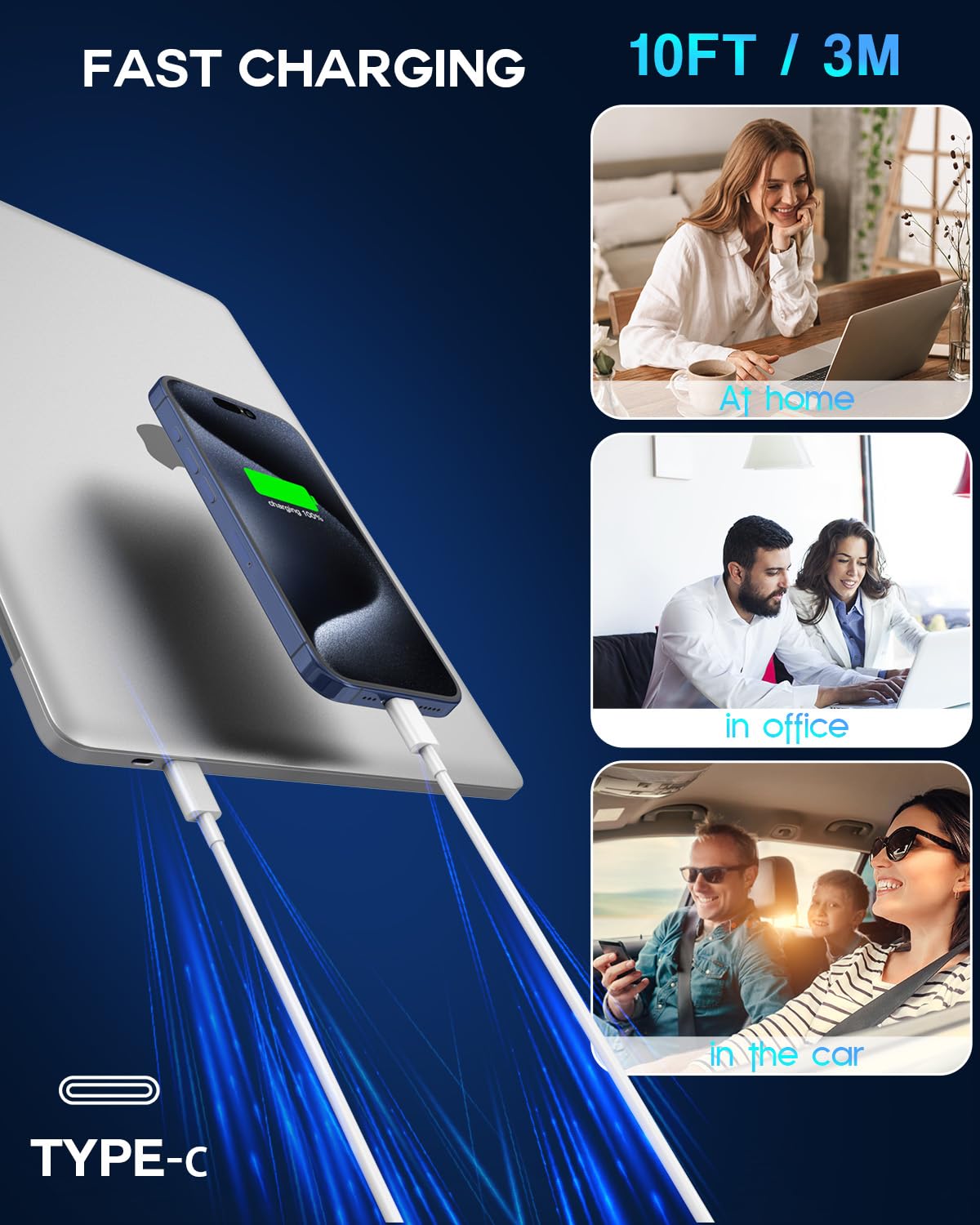 Cavo USB C a USB C, 240 W, confezione da 2 cavi da C a C da 3 m, ricarica rapida per MacBook Pro/MacBook Air, iPad Pro/iPad Air, iPhone 16 15 Pro Max Plus, Samsung Galaxy, compatibile 140W/100W/65W