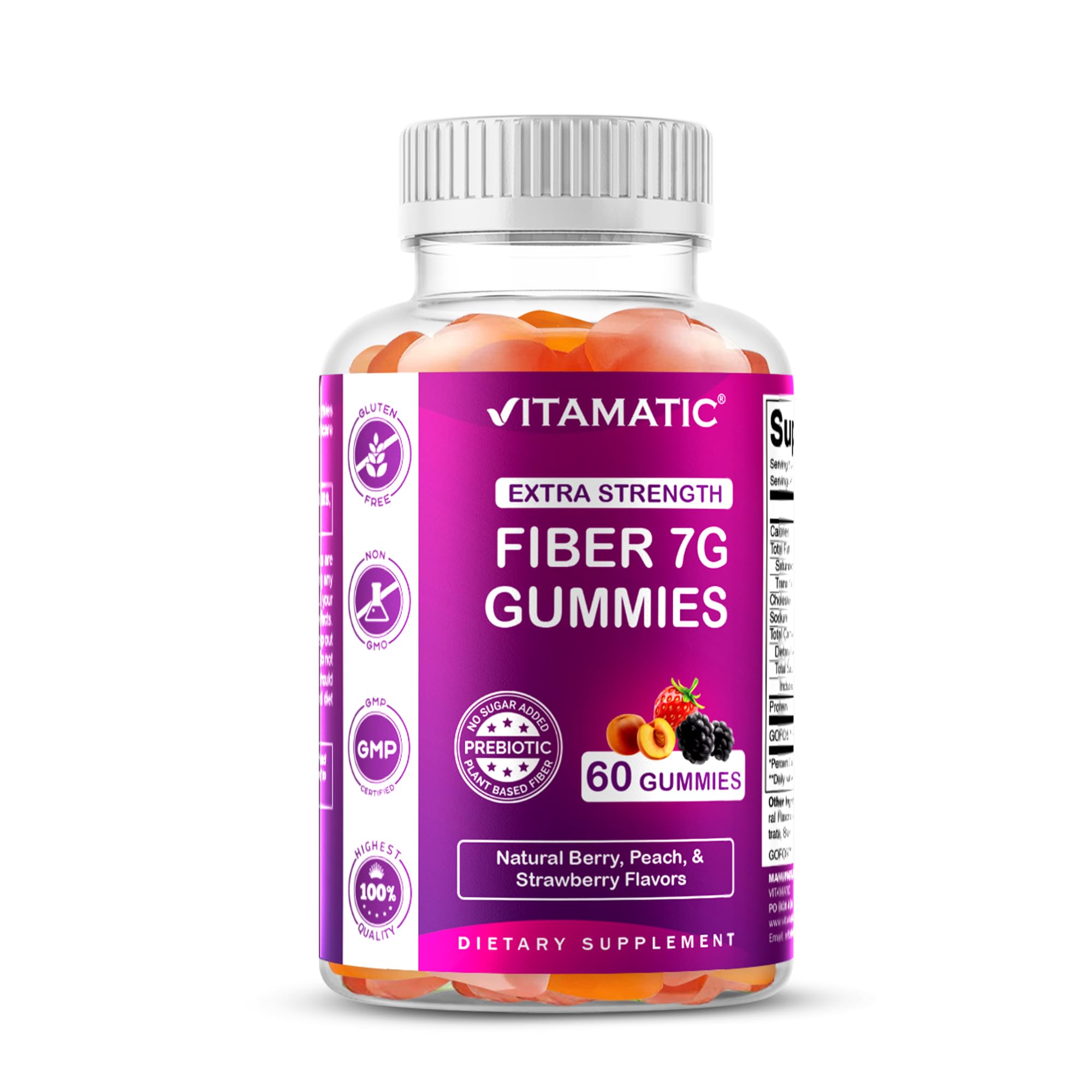 Vitamatic Prebiotic Fiber Gummies for Adults – 7g Fiber per Serving – 60 Pectin-Based Gummies Extra Strength, Zero Sugar Added – Supports Digestive Health & Regularity – Non-GMO, Vegan, Gluten-Free