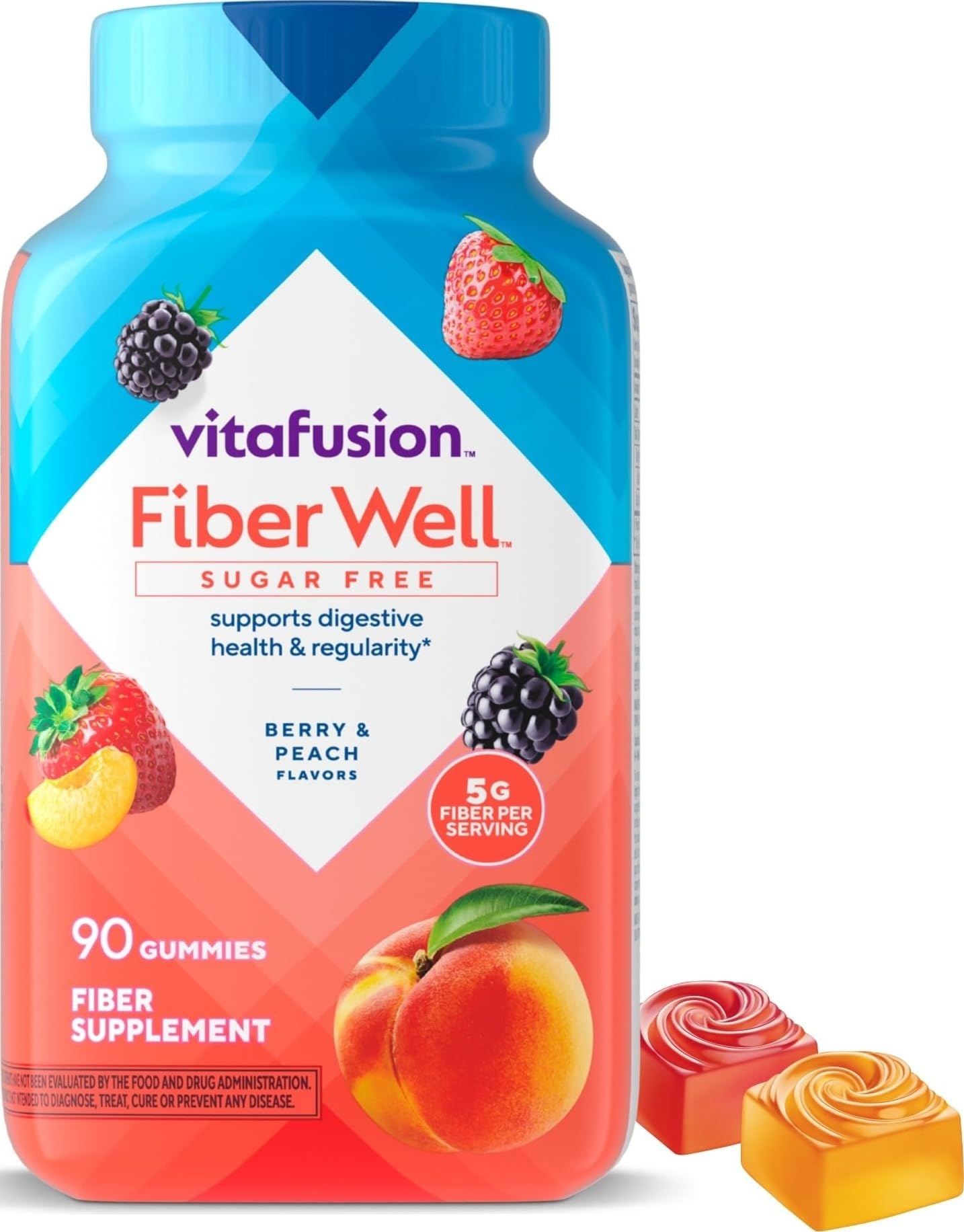 Vitafusion FiberWell Fiber Gummies Sugar Free | GLP-1 Friendly | 5 g | 90 Count | Berry & Peach Flavor | Digestive Gut Health