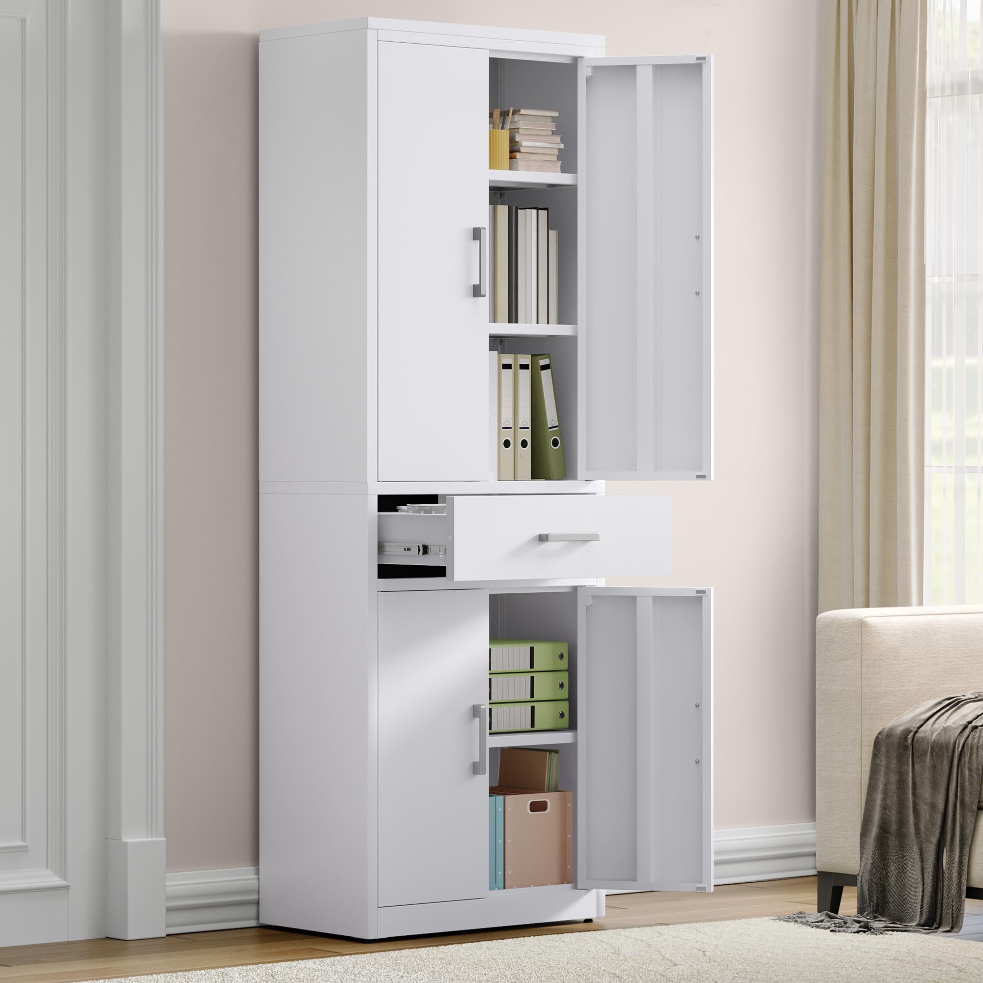 YITAHOME Aktenschrank, Aufbewahrungsschrank mit 3 verstellbaren Regalen, Büro Aktenschrank mit Schublade, Stahl Büro Schrank für Büro Küche Garage, 180H cm x 60W cm x 34D cm, Weiß