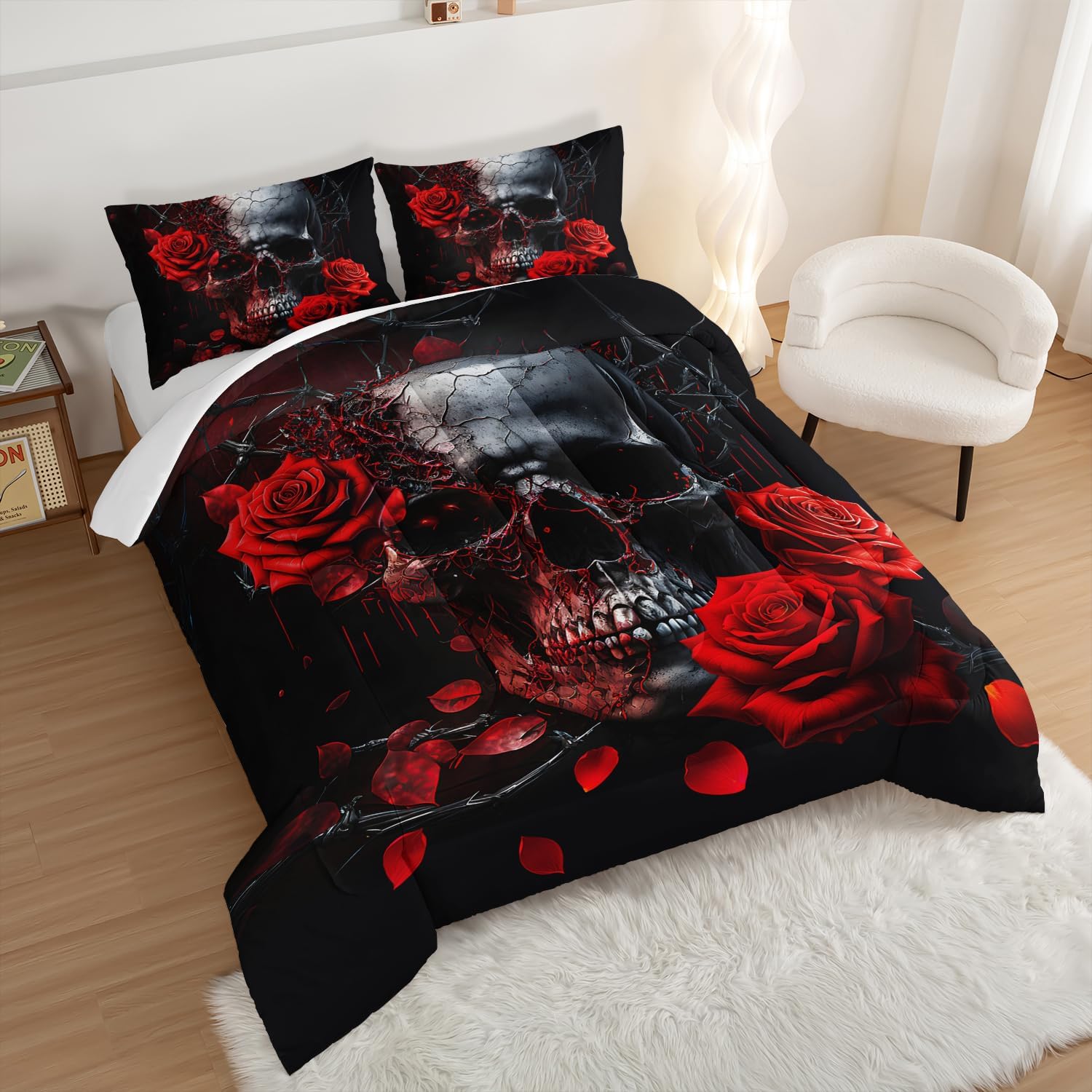 HOSIMA Death Skull Heads Comforter Gothic Bedding Sets,Horror Theme Halloween Bedding Comforter Sets for Teen Girls Boys Room Decor,Red Rose Floral Comforter Queen Size Bed with 2 Pillowcases. - Image 3