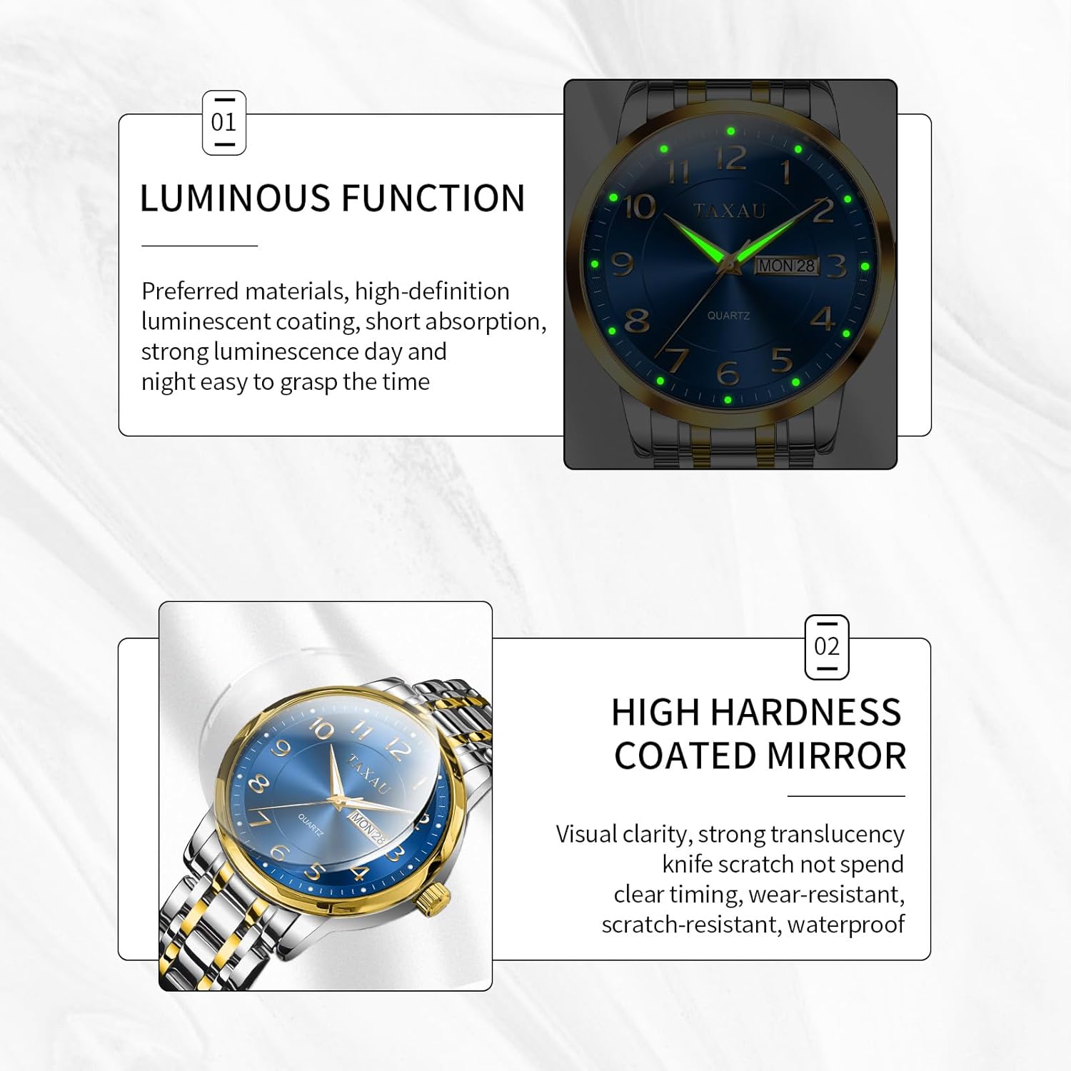 Taxau Stainless Steel Mens Watches with Day Date Quartz Analog Large Face Classic Watch Arabic Numerals Dress Luminous Rlojes para Hombres