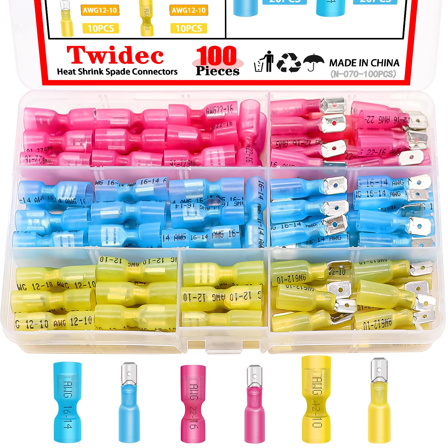 Twidec/100PCS Heat Shrink Spade Connectors Kit 22-10 AWG Female and Male Spade Terminlas Quick Disconnect Connectors Fully Insulated Electrical Wire Crimp Connector for Automotive Marine N-070-100PCS