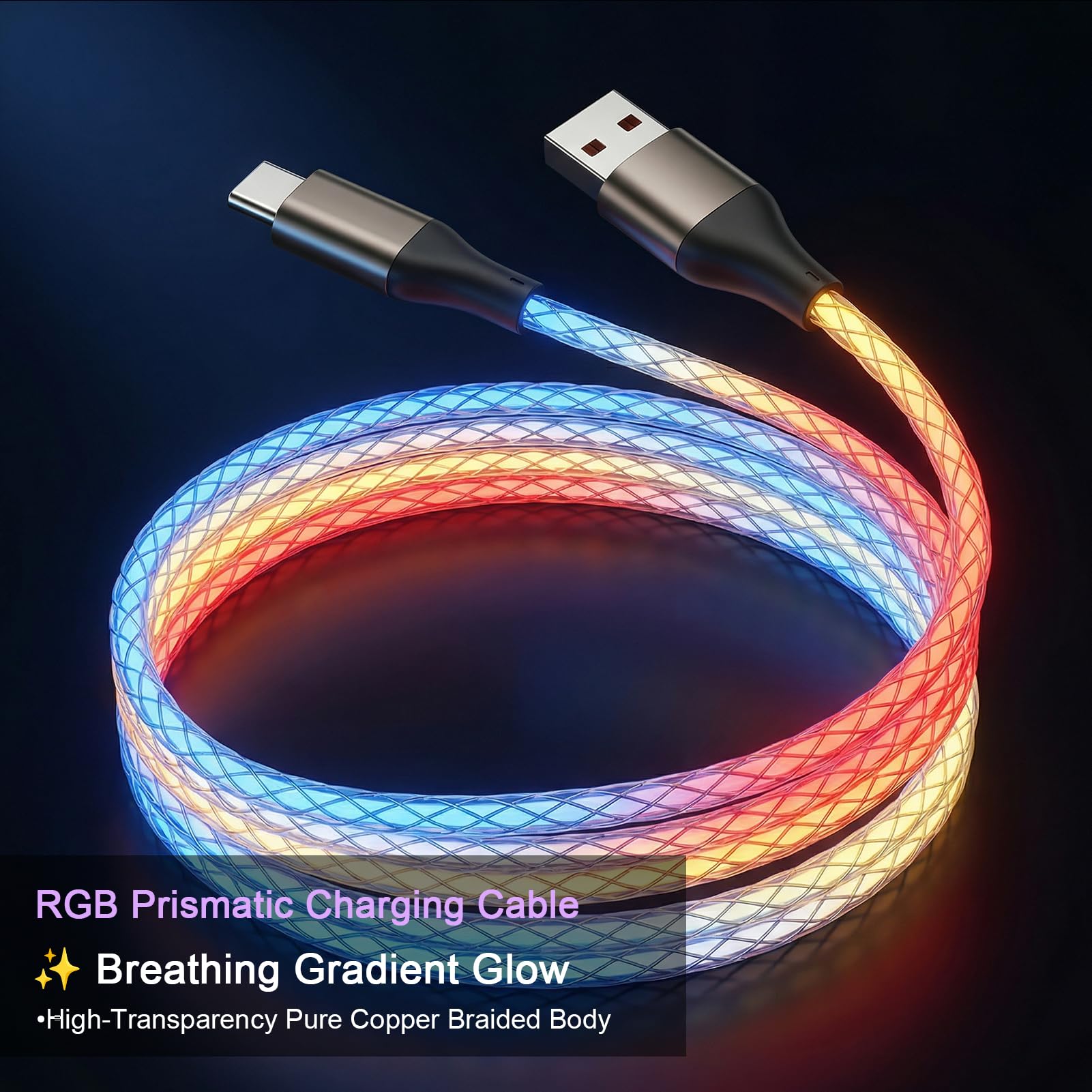 Cable USB C iluminado, cables de carga rápida LED tipo C