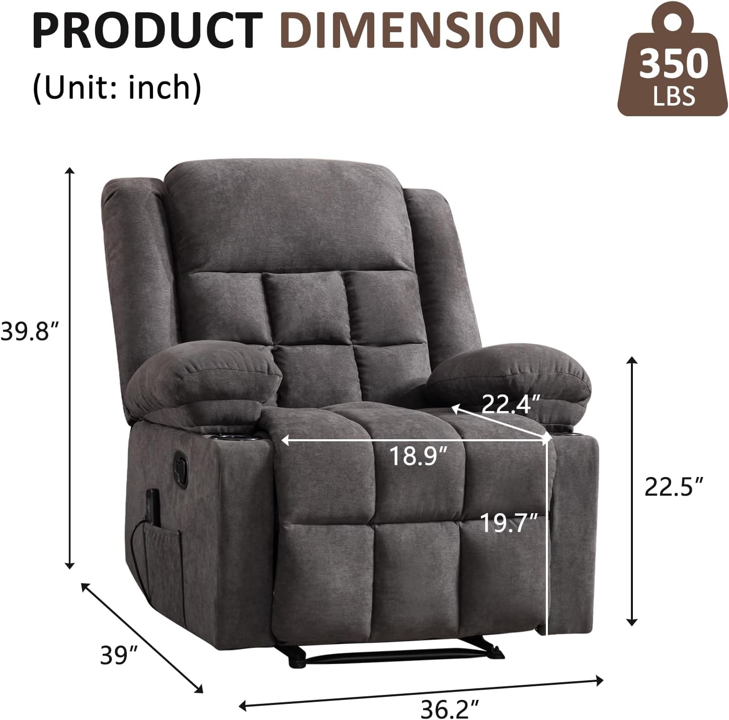 EBELLO Manual Recliner Chair for Adults with Vibration Massage and Lumbar Heating, Soft Fabric Recliner Single Sofa with Side Pocket and Two Cup Holders for Living Room, Grey