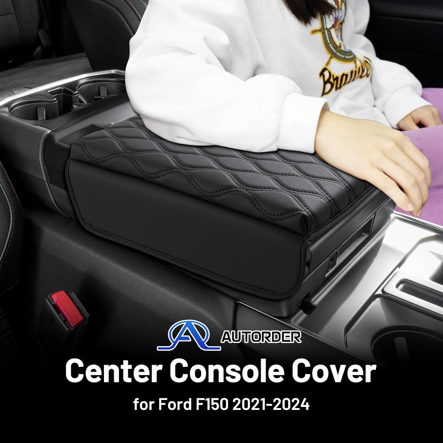 Autorder Center Console Cover for 2021-2025 2026 Ford F150/2022-2025 2026 F150 Lightning Accessories Armrest Cushion Cover Nappa Leather Middle Console Covers (Only fit for Work Surface Console)
