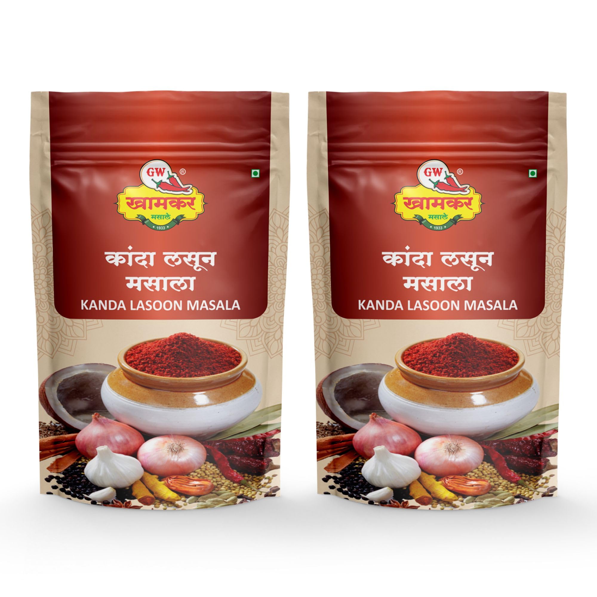 GW Khamkar Special Kanda Lasun Masala Powder,Kolhapuri Masale,Onion- Garlic Mix Spices,Assal Maharashtrian Taste,No Artificial Colour,Traditional Recipe,Traditionally Pounded,185 Gm (Pack of 2)