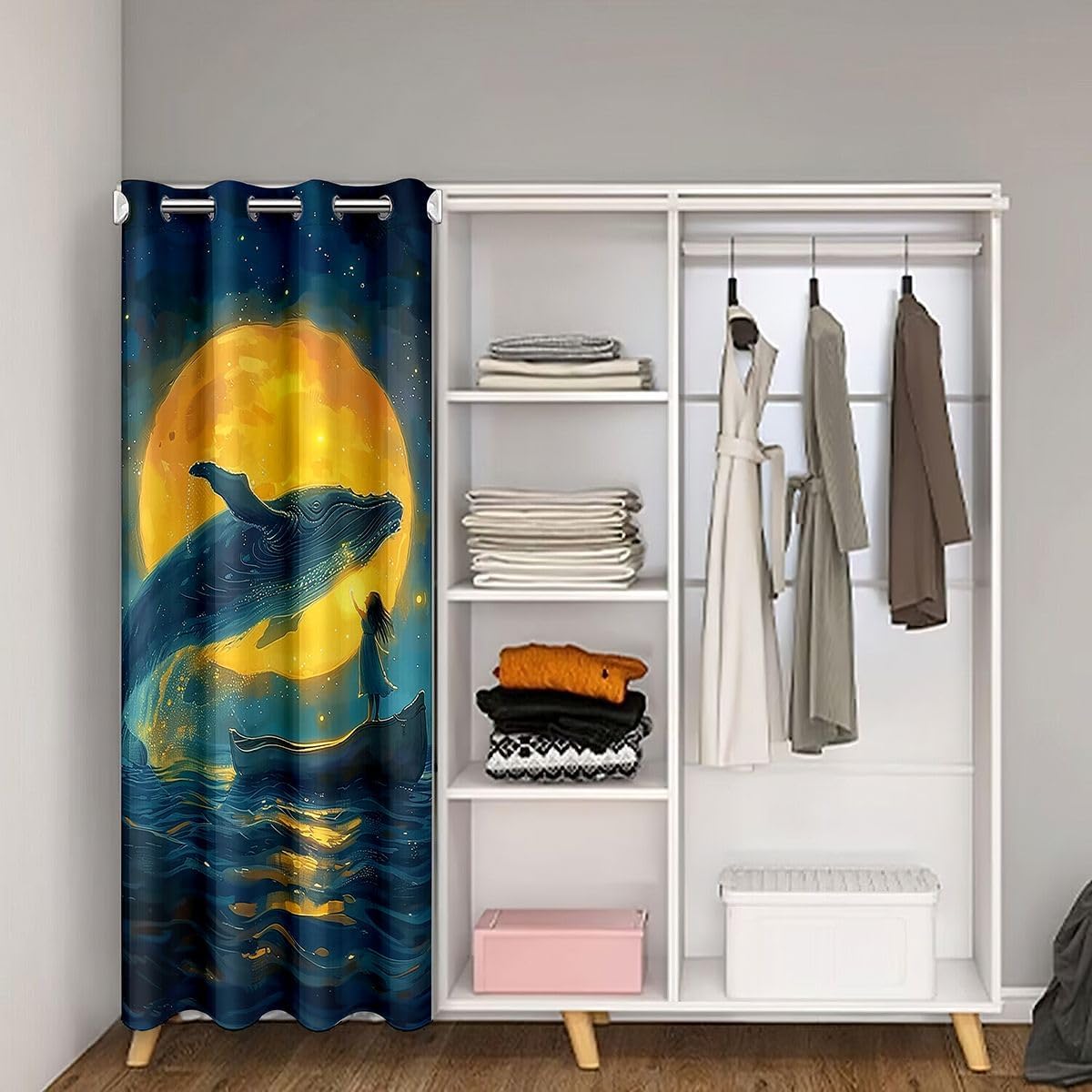 Castle Fairy Whale Woman Door Curtain,Moon Night Blackout Curtain,Ocean Boat Adventure Bedroom Doorway Living Room Decor,Japanese Anime Privacy Door Drape 1 Panel,52" W x 80" L image 2