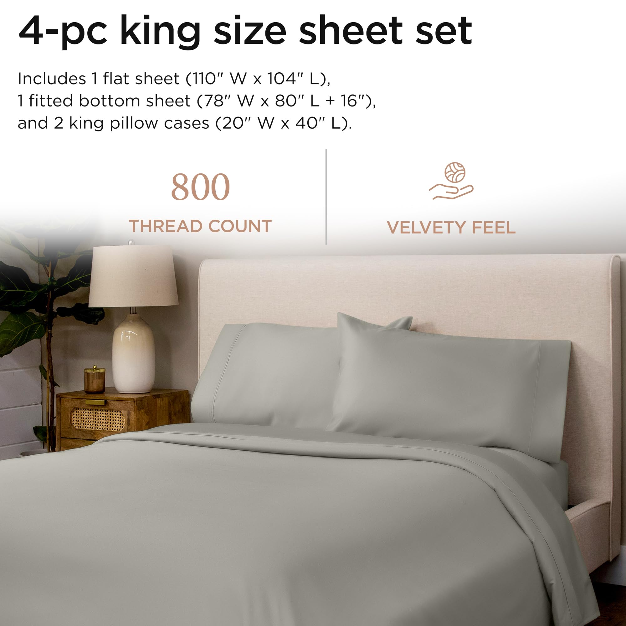 Threadmill Zestaw bawełnianych prześcieradeł King o gęstości 800, satynowy, solidny, szary | 100% bawełna, splot satynowy, 4-częściowy zestaw, 40 cm głęboka kieszeń, certyfikat OEKO-TEX, można prać w pralce