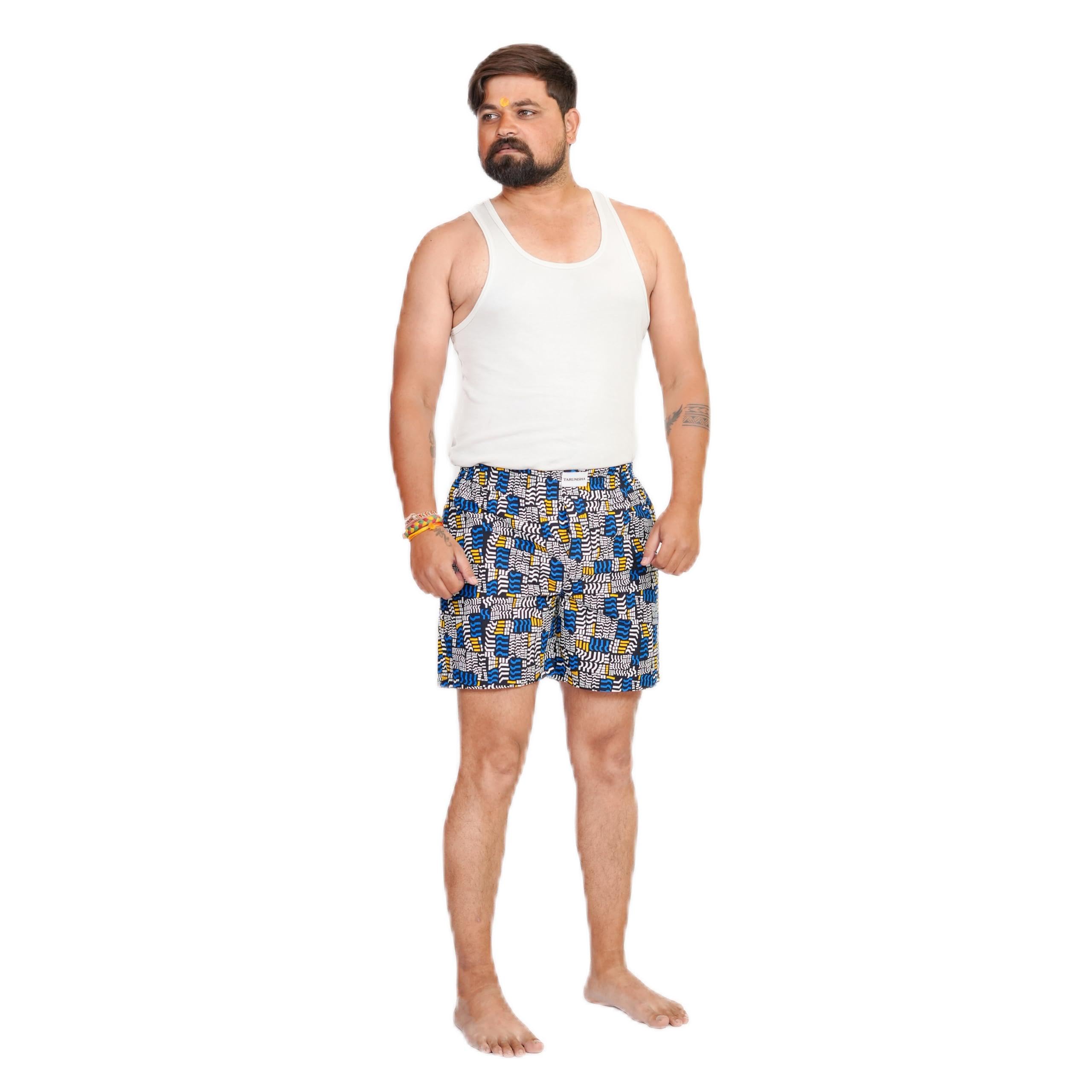 Men's Printed Boxer Shorts, Blue and Yellow Geometric Print, Summer Wear-image-44