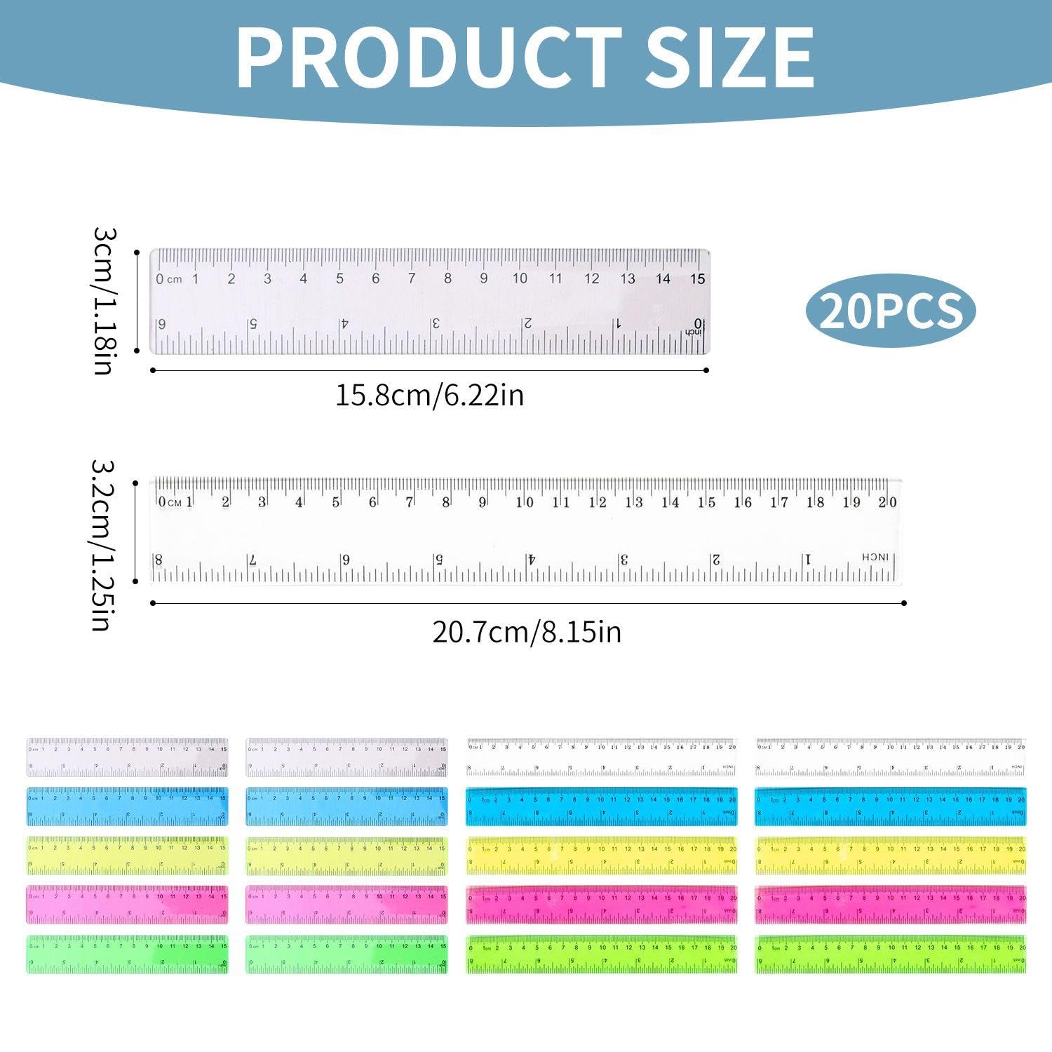 Mini Ruler Inches 20 Pcs Colorful Transparent Rulers, Kids Rulers, Mini Rulers, Reading ...