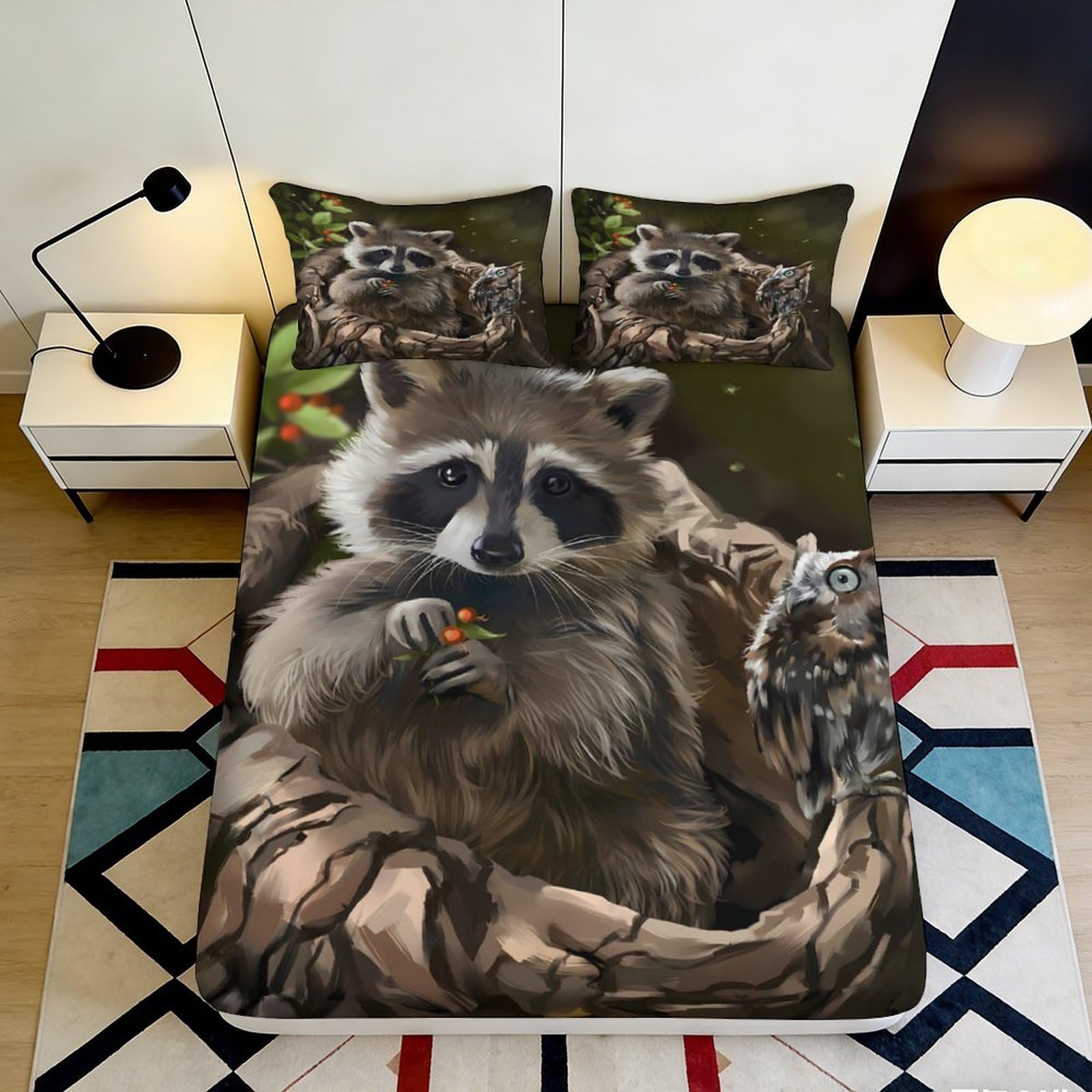 3D Printed Raccoon Forest Fitted Sheet Microfiber Soft Breathable Woodland Owl Mattress Cover for Bedroom Decor 90x200x25cm