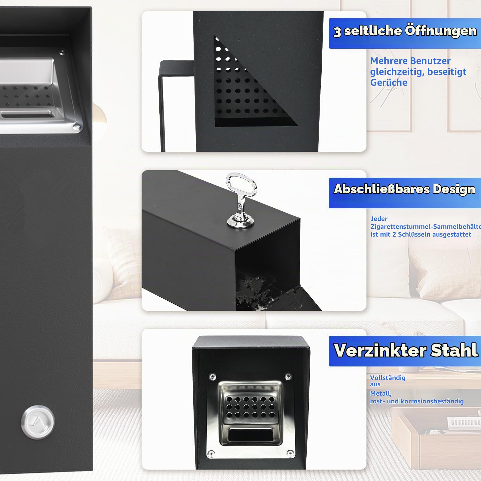 3L Mülleimer mit 3 Seiteneinwürfen, 40x10x10 cm | Wandmontierter, mit Schlüssel, langlebig, pflegeleicht, robust, Ripple Schwarz, für Haushalt und Gewerbe.
