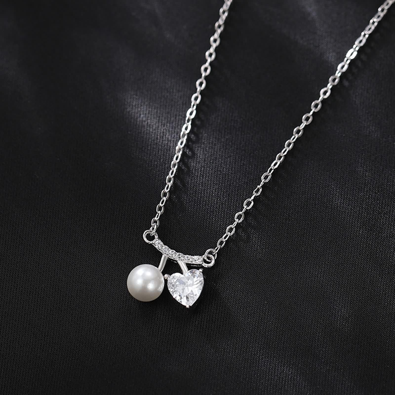 Collana Perla Lunga, Collana Donna Elegante Ciondolo Catenina Gioielli Oro Bianco 9K/14K/18K con Moissanite Amo Le Ciliegie 40+5cm