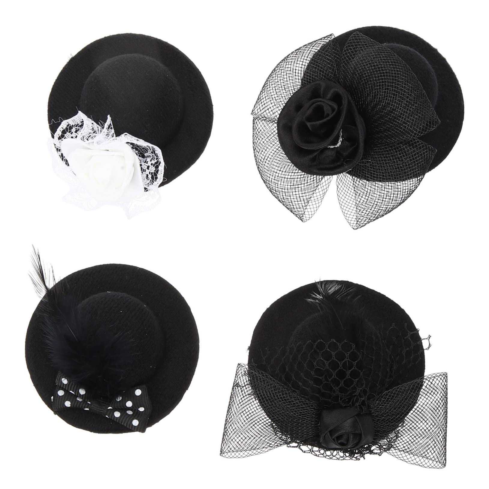 KICHOUSE 4pcs Miniature Tea Party Hats Black Mixed Styles Dolls Dress up Accessories for DIY Craft Fun