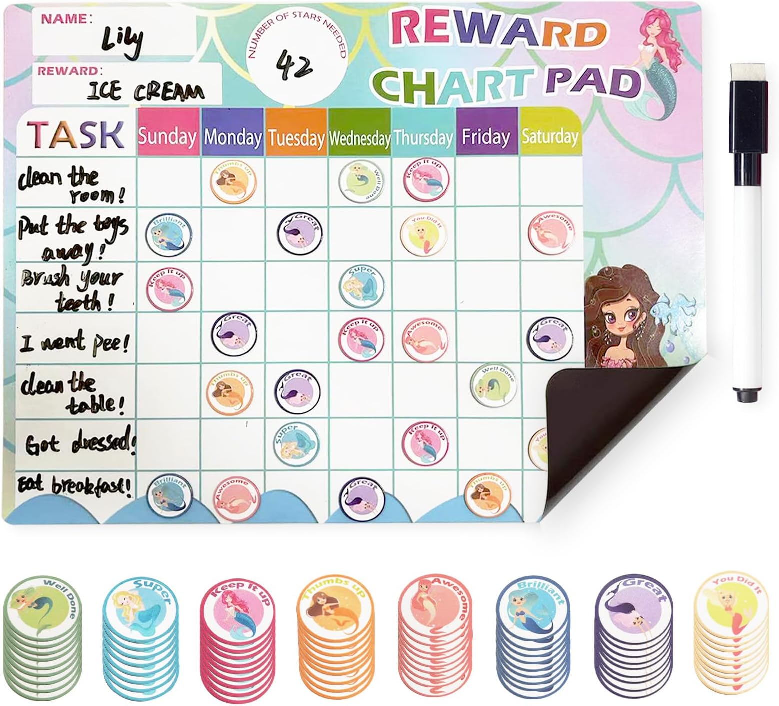 Chore Chart for Kids, Magnetic Reward Chart with 72 Magnetic Stickers, Mermaid Theme Toddler Behavior Chart Chore Board, Dry Erase Responsibility Chart Potty Training Chart for Refrigerator