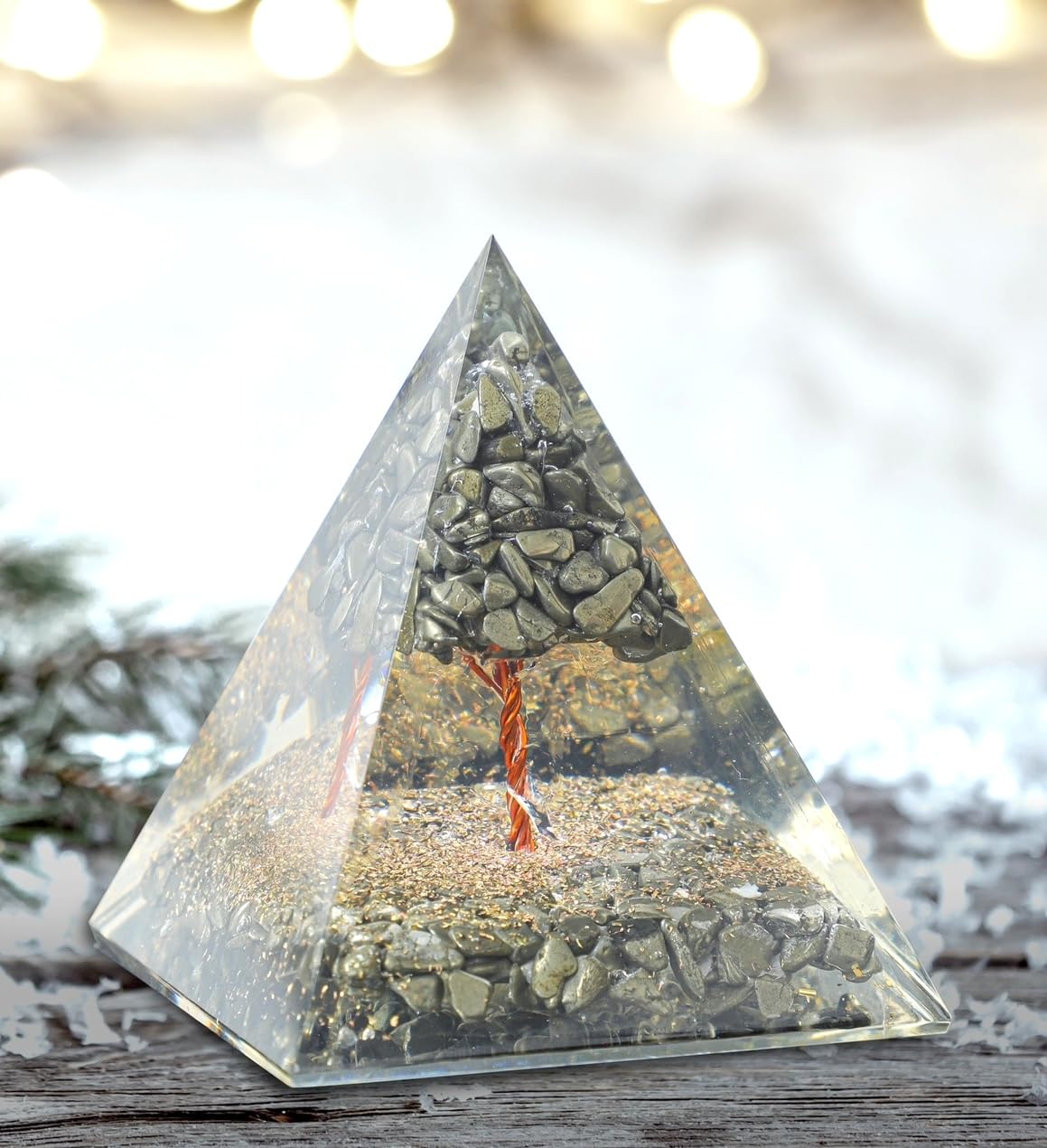 crystalmiracle Golden Pyrite 80 Mm Tree Of Life Orgonite Pyramid Protection Feng Shui Bagua Reiki Wellness Energy Vaastu Handcrafted