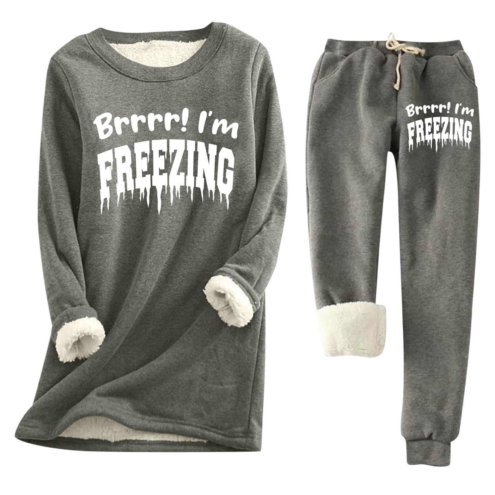 Sous-vêtements thermiques pour homme et femme - Survêtement d'hiver avec doublure en polaire - Lettres imprimées - Chaud - Col rond - Haut - Jogging - Tenue 2 pièces - T-shirt de course (gris foncé