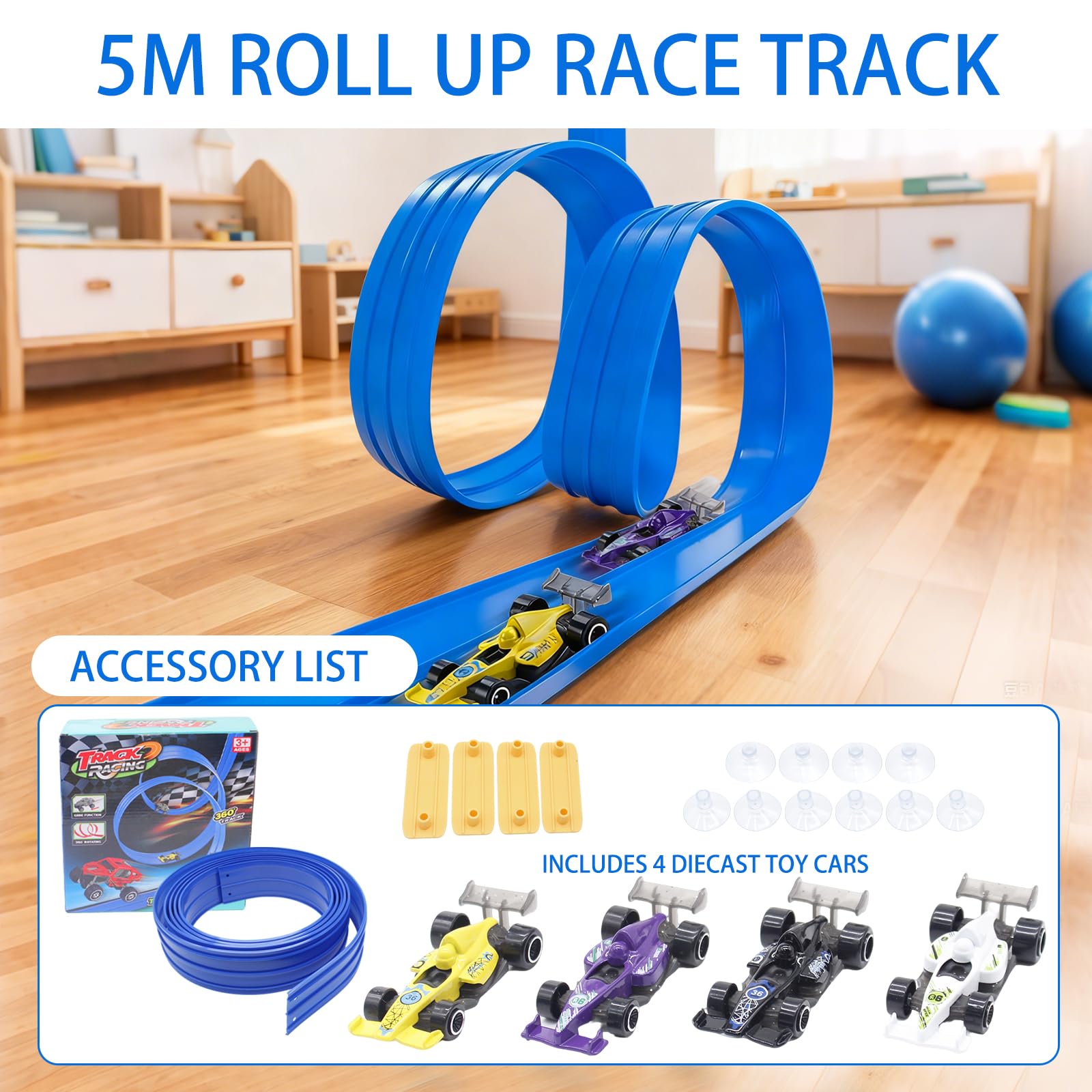 Piste Macchinine per Bambini 5M, Giocattolo Piste da Corsa con 4 Auto, Portatile per Salti Loops Circuito di Corse per Bambini con Rampa, Portatile Pista per 3+ Anni