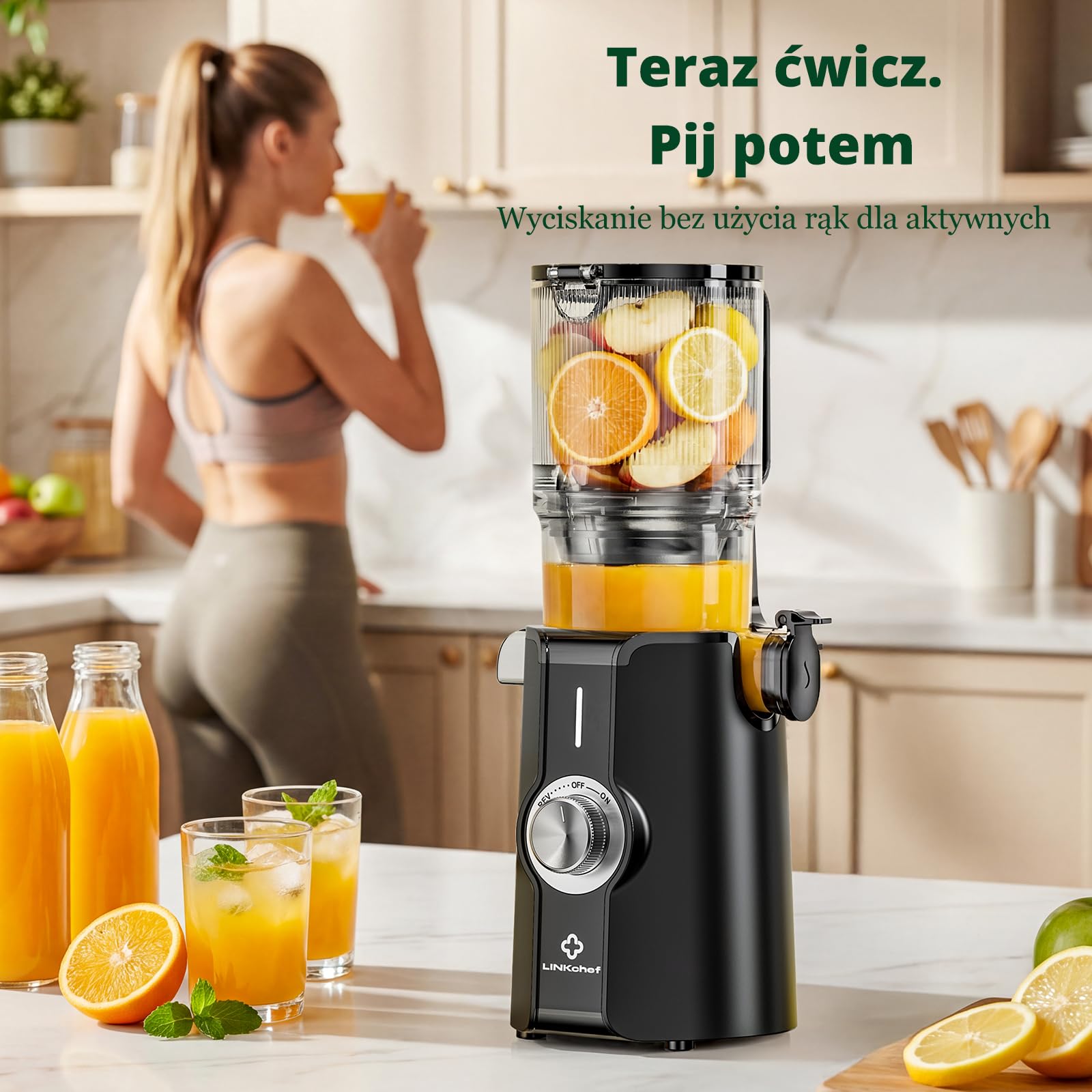 LINKChef Wyciskarka Wolnoobrotowa do Soków, Otwór 115mm na Całe Owoce i Warzywa, 200W Wyciskarka Wolnoobrotowa z Automatycznym Krojeniem, Bez BPA, Łatwe Czyszczenie i Montaż, Lekka, Czarny