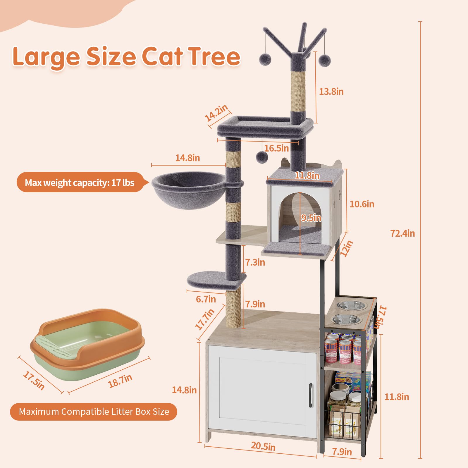 HavenlyYouth Árbol para gatos con cuencos de comida y caja de arena, torre para gatos de varios niveles con postes de sisal para jugar, hamaca de felpa en gris para mayor comodidad