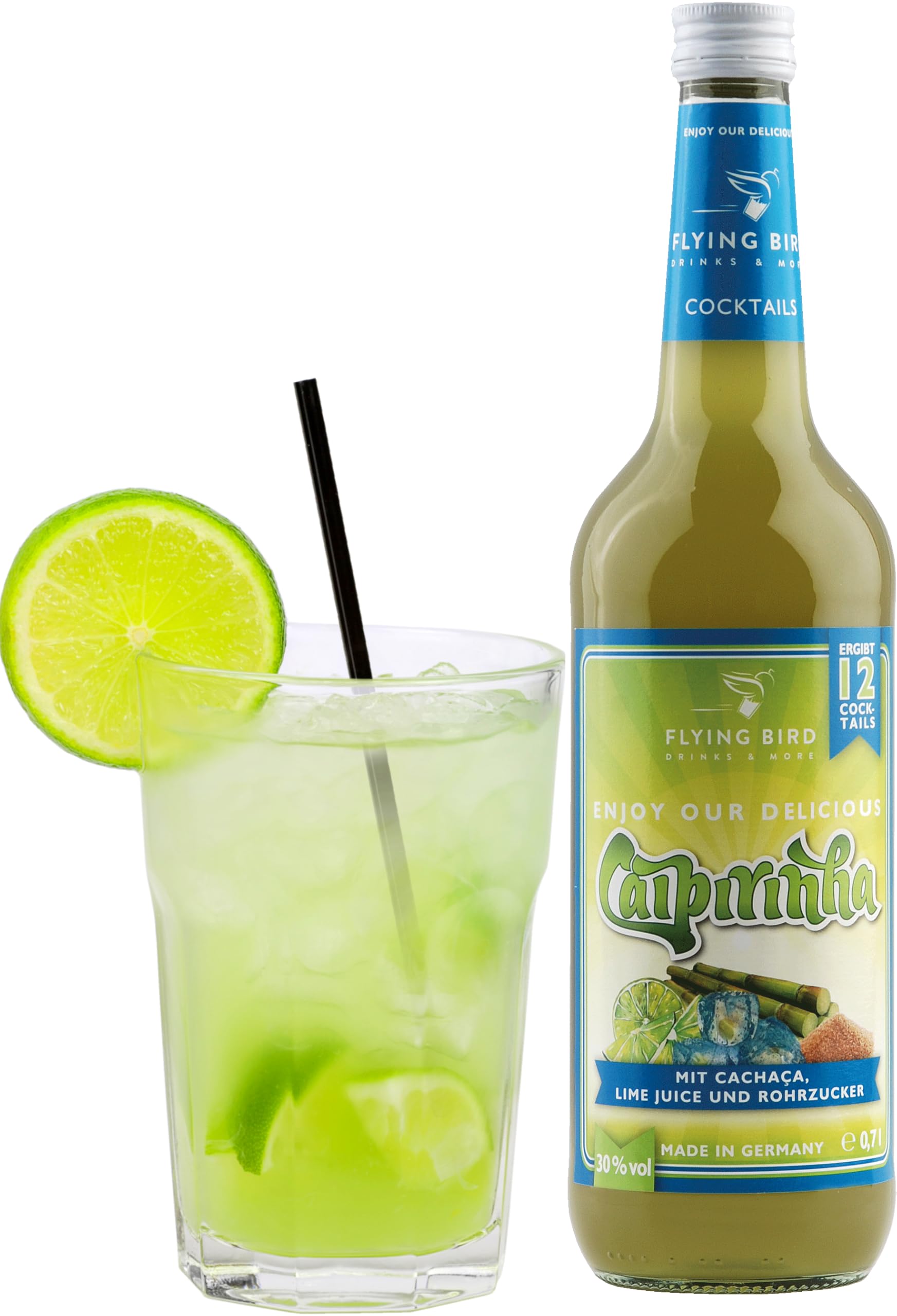Flying Bird Caipirinha für 12 Cocktails fertig gemixt | 0,7l Flasche mit allen Zutaten