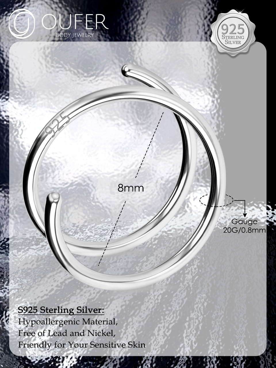 OUFER Anillo de nariz de plata de ley 925 con doble aro de 20 g, 8 mm, alambre de corte en espiral, joyería para cartílago, nariz, regalo para mujeres y hombres (alambre de corte plateado)