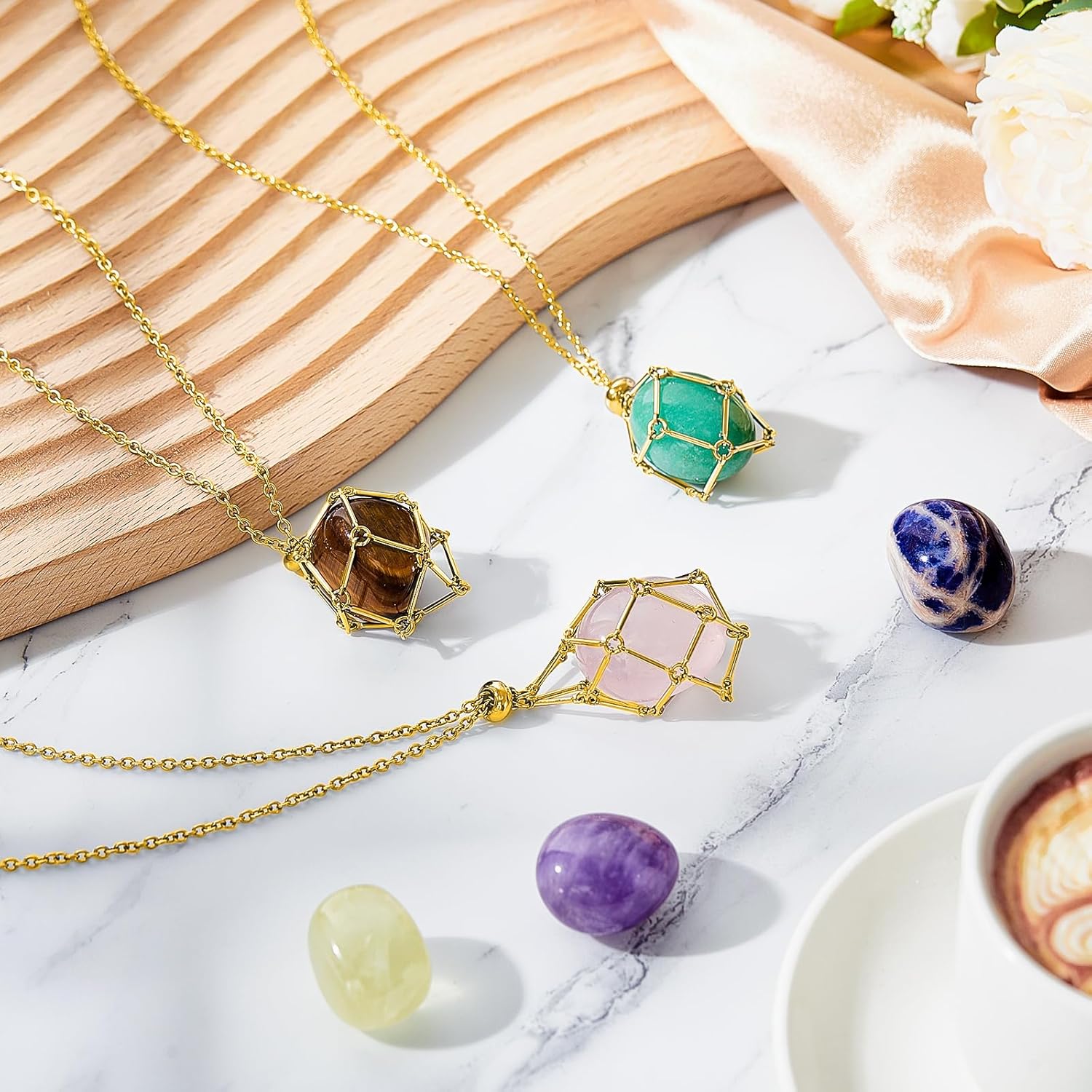 Tondiamo 3 Pcs Adjustable Crystal Necklace Holder, Titanium Alloy Empty Stone Cage Cord Necklace,Boho Fish Netted Pendants for Women Men Quartz Gemstone Craft DIY Jewelry Making, 3 Sizes - Image 6