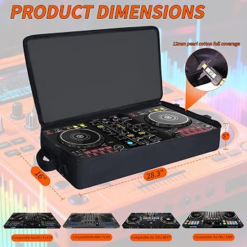 DJ Controller Case with Wheels - 12mm Thickness Pad- Compatible with DDJ FLX10/1000/1000SRT/REV7/REV5/SCLIVE 4 Dj bag for Pioneer DJ equipment, fits up to 15.6 laptops. Multi pockets 29W x 16.5D x