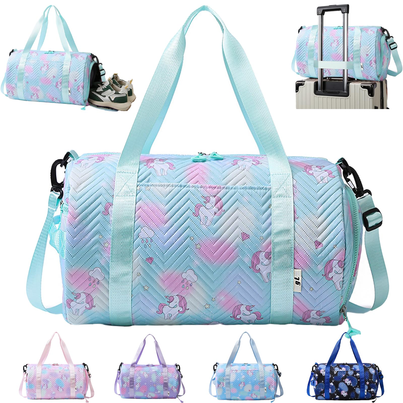 YOUYIKE Bolsa de Viaje Chica, 25 L Bolsa Deporte Niña Unicornio, Grande Travel Bag Fin de Semana, Bolsa de Natación para Playa, Bolsa Deporte con Compartimento Zapatos y Bolsillo Húmedo, Verde